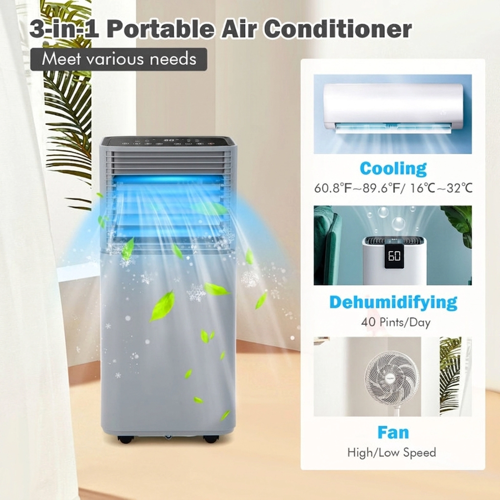 SUGIFT 8000 BTU 3-in-1 Portable Air Cooler with Dehumidifier and Fan Mode 230-sq-ft Coverage 40-Pint Dehumidifier Gray