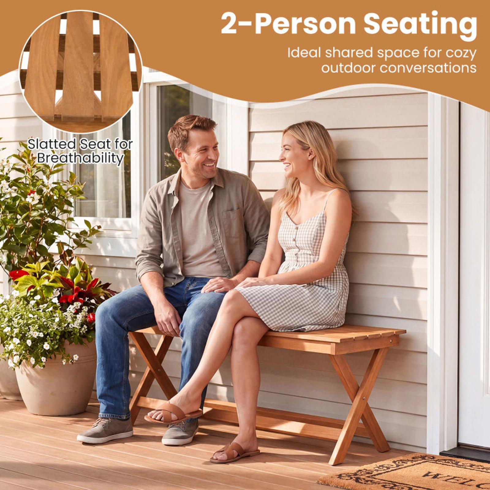 SUGIFT 2-Seat Wooden Garden Patio Bench with X-Shaped Legs 41.5-in Long 530-Lb Capacity Natural Backless Set of 2