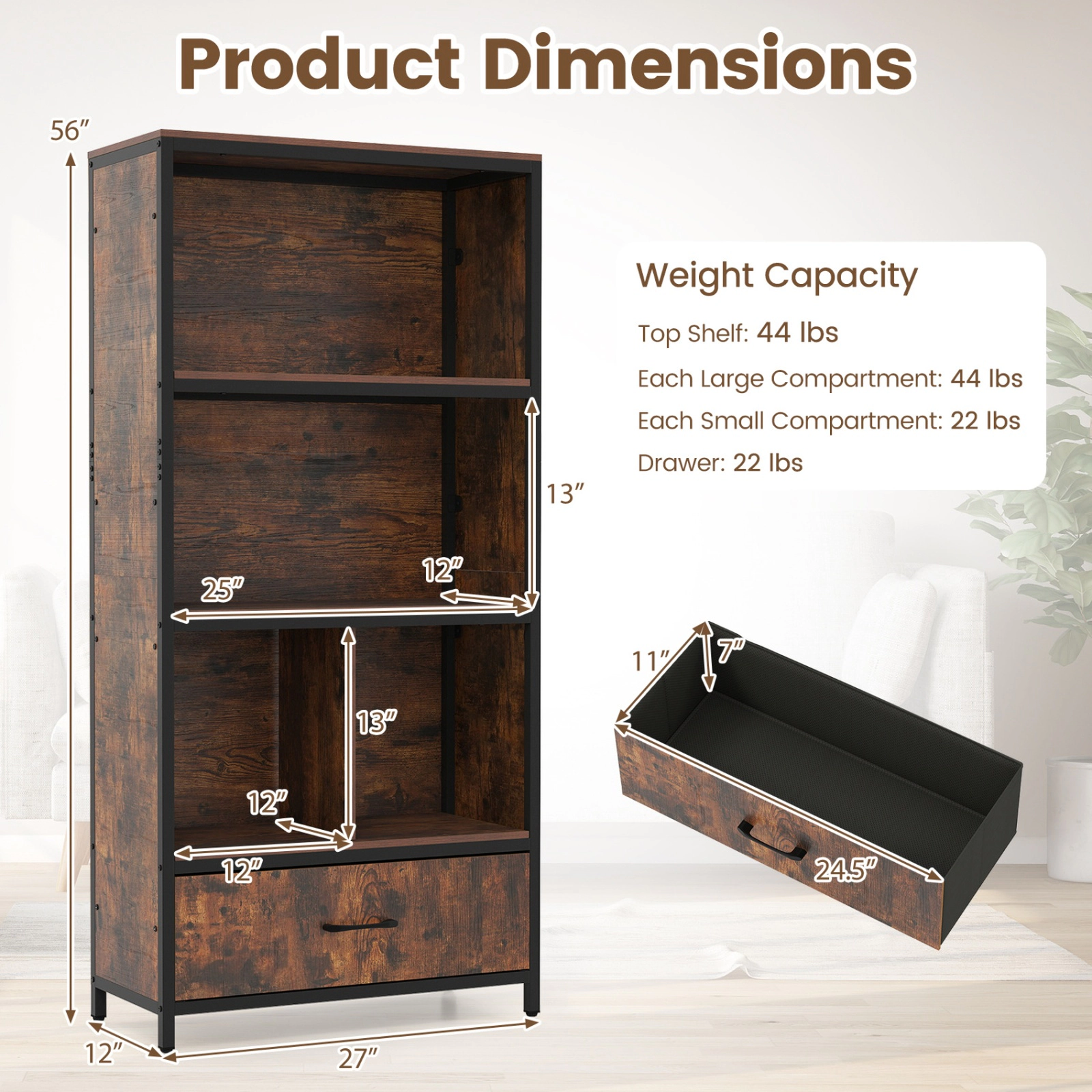 SUGIFT Rustic Brown Removable Fabric Drawer 56 in Freestanding Bookcase
