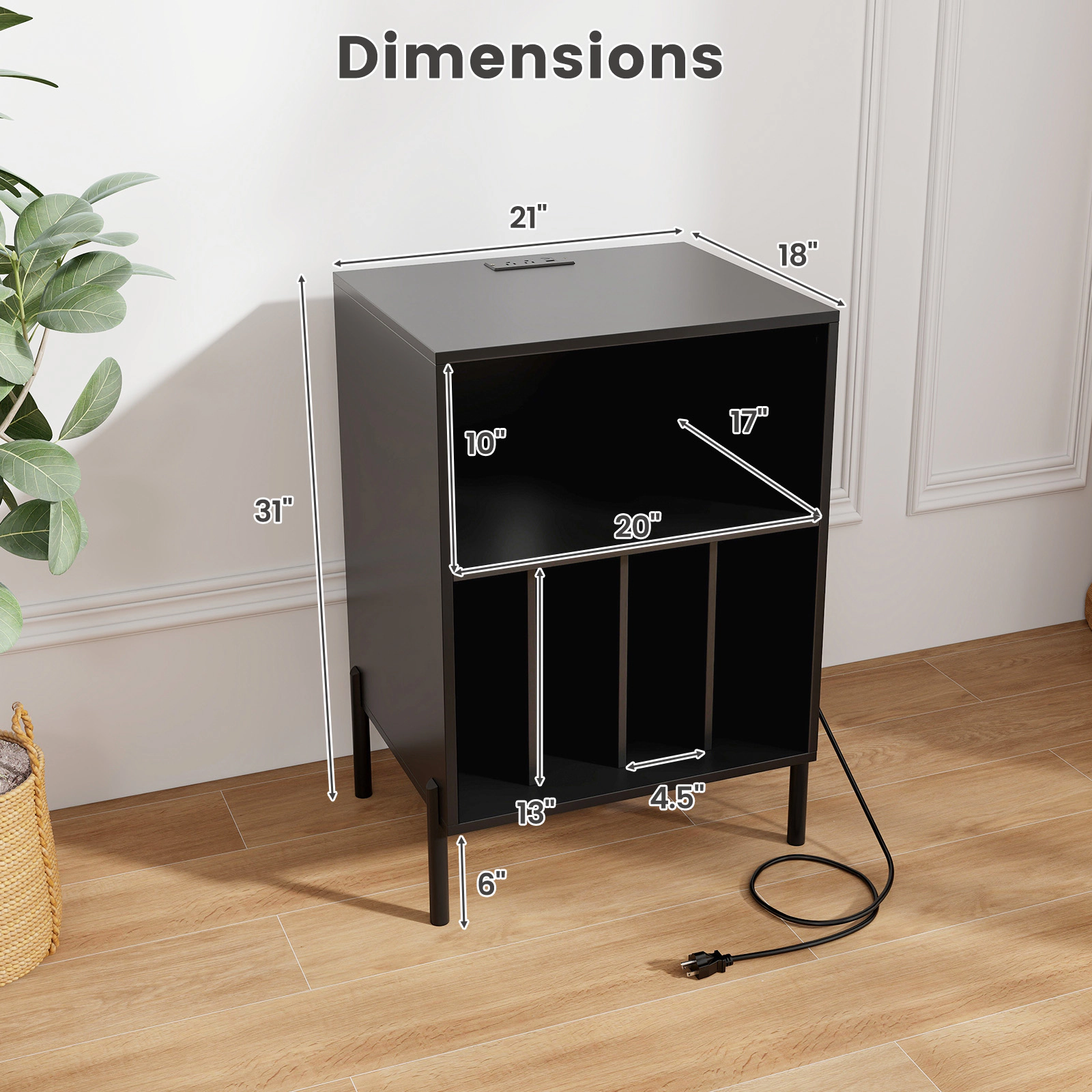 LJG Record Player Stand with Storage Shelf and Charging Station