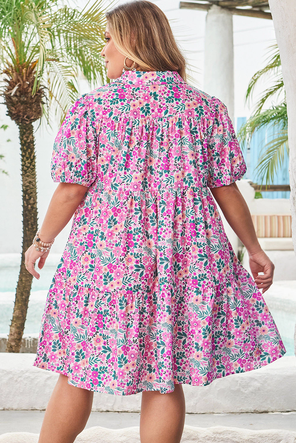 Threaded Pear Women's Mariana Plus Size Floral Puff Sleeve A-line Dress