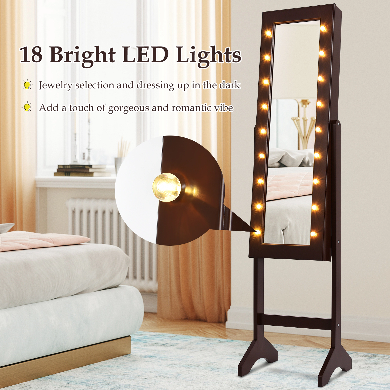 SUGIFT 57-in Freestanding Brown Mirrored Jewelry Cabinet Armoire Organizer with 18 LED Lights and Velvet Liner