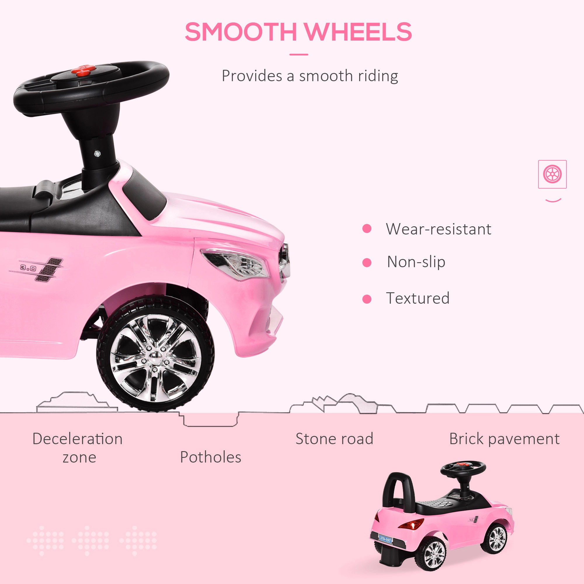 HONGGE Foot-to-Floor Kids Push Ride-On Car with Working Horn, Music and Headlights, Pink