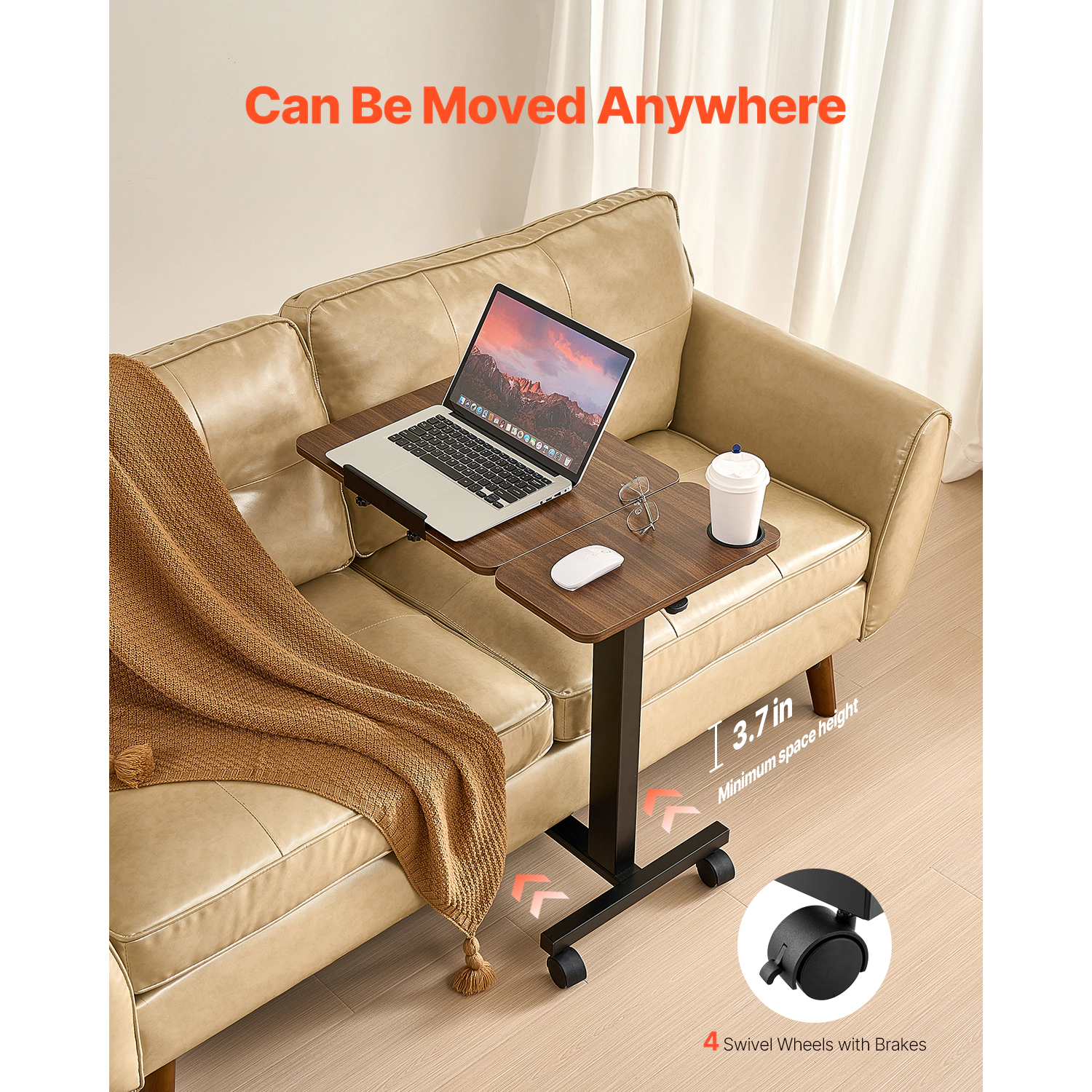 HONGGE Height-Adjustable Overbed Table on Wheels, Tilting Rolling Laptop Desk with Cup Holder for Bed