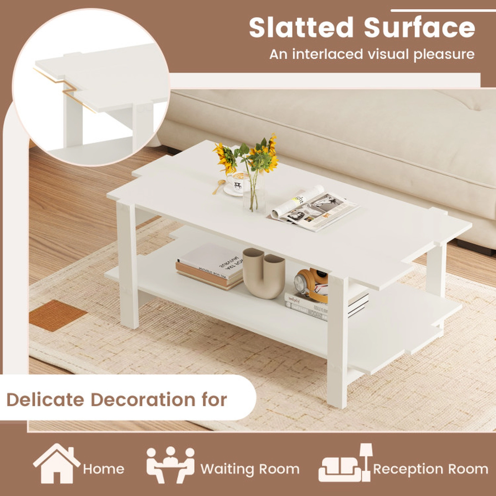 SUGIFT 2-Tier Slatted Top Open Shelf Engineered Wood Coffee Table 45-in x 23.5-in x 18.5-in 135-lb Capacity White