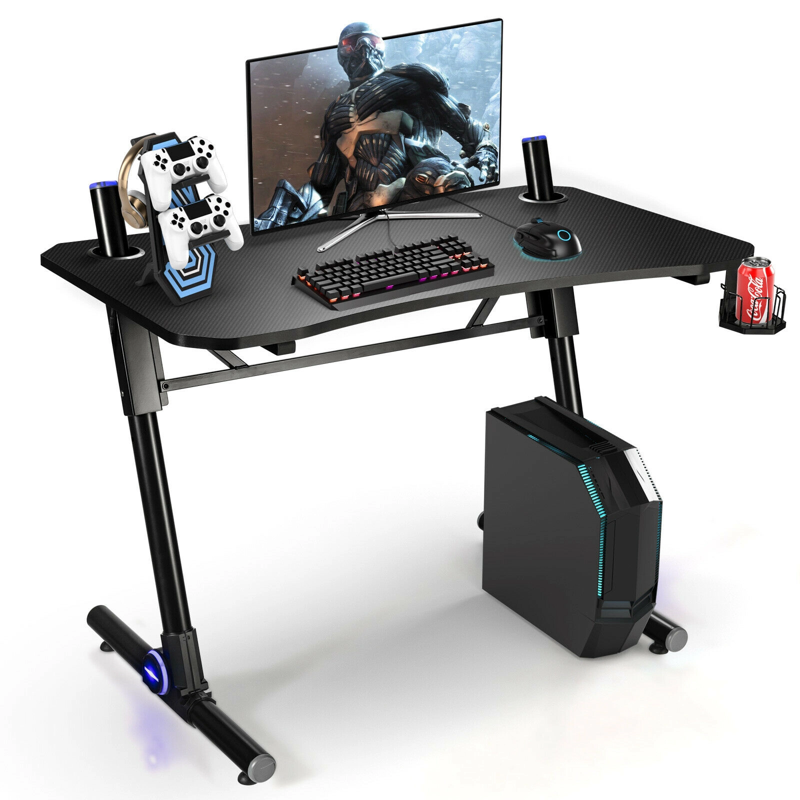 SUGIFT 43.5-in Height Gaming Computer Desk 176-lb Capacity Z-Shaped Base with Cup Holder and Blue LED Lights Black