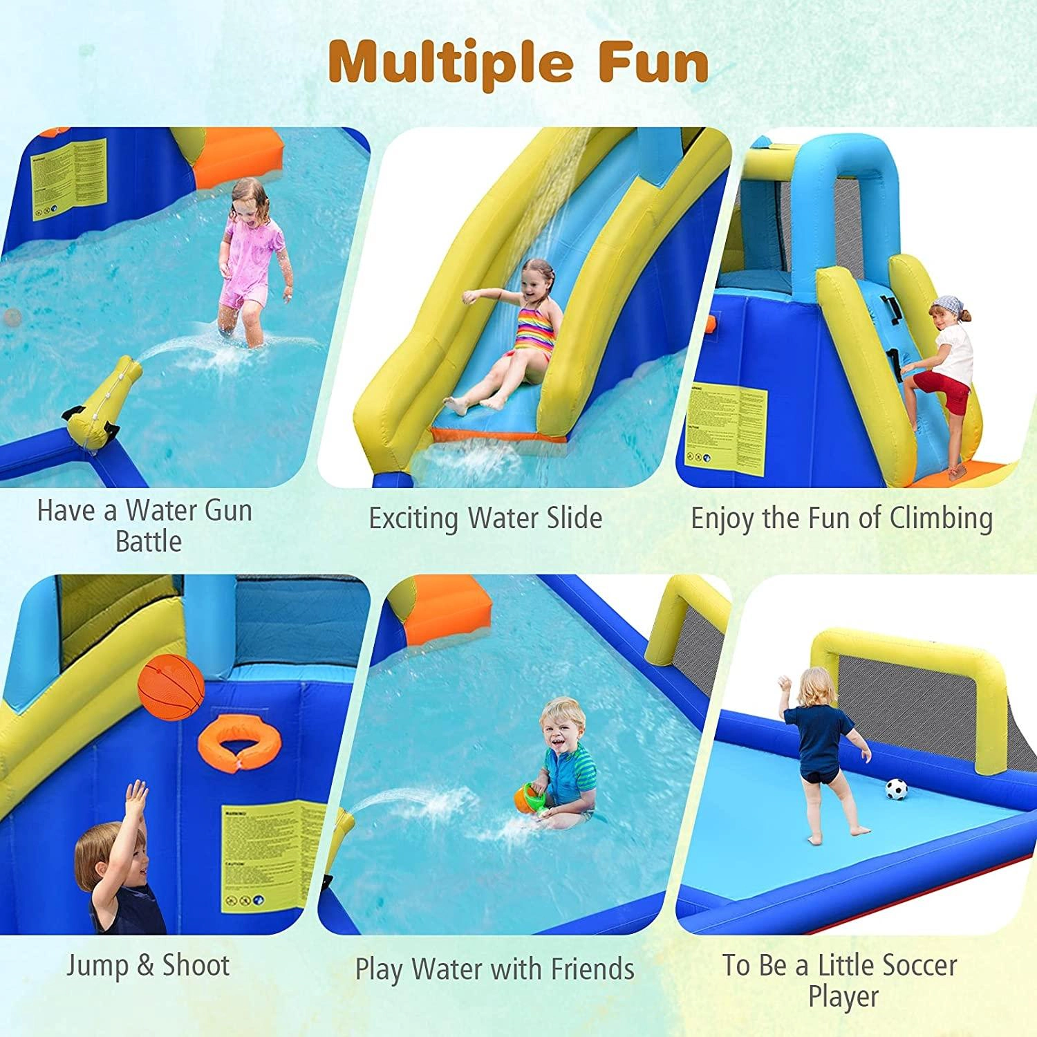SUGIFT 6-in-1 Inflatable Water Slide Bounce House with Blower Basketball Hoop and Mesh Safety Walls