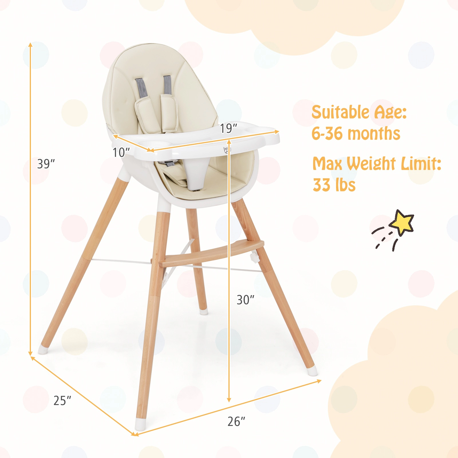 SUGIFT Beige 4-Level Adjustable Dishwasher Safe Tray and Beech Wood Legs Baby High Chair