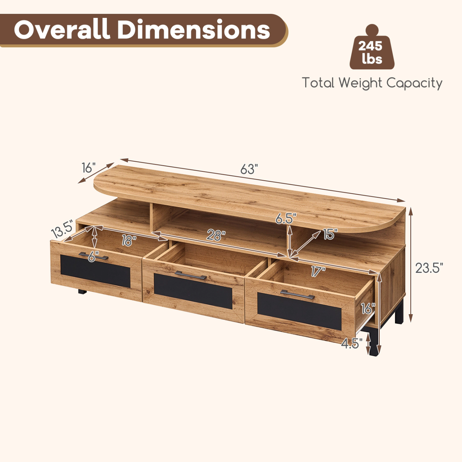 Glintex 63-Inch Entertainment Center with 3 Drawers and 3 Compartments