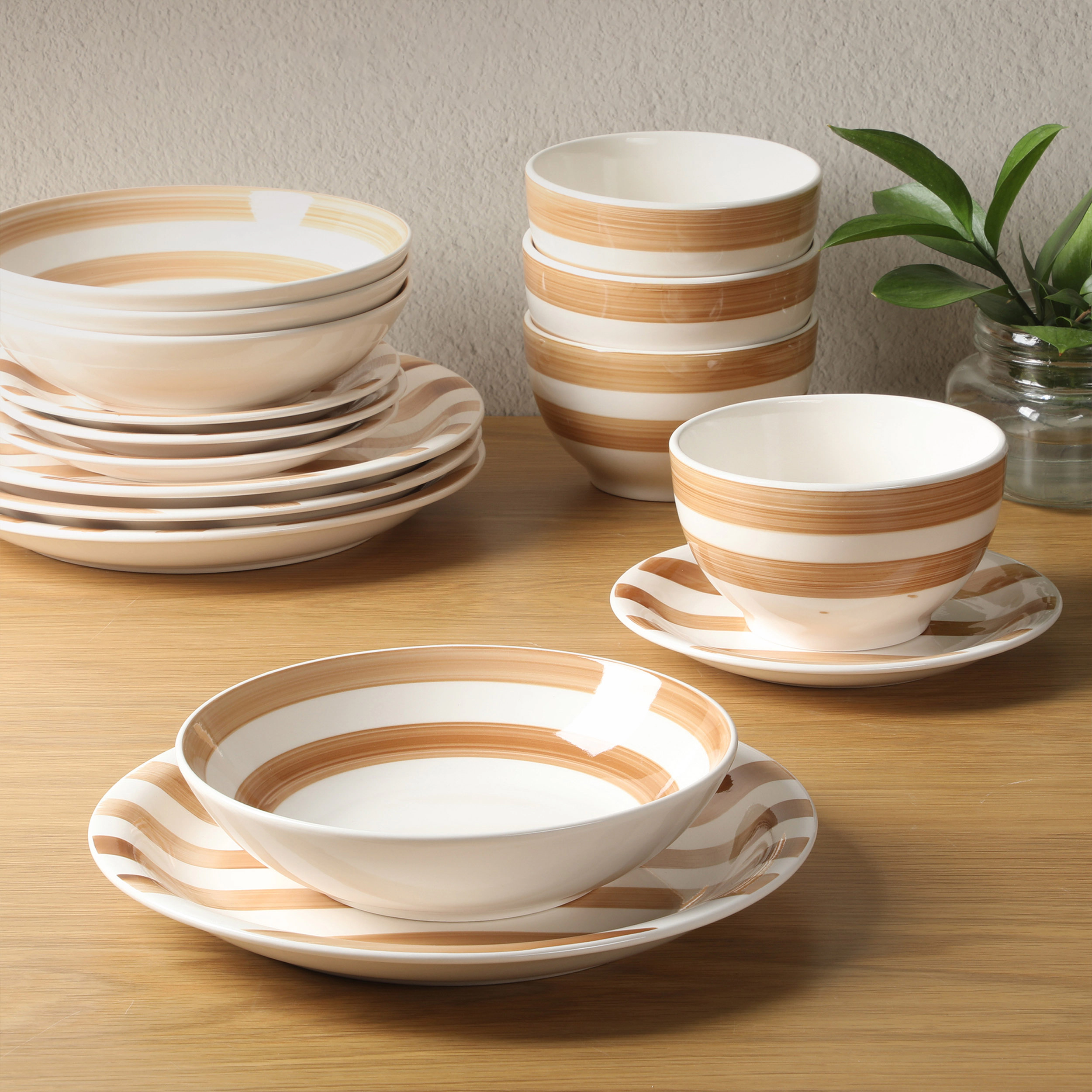 Gibson Home Kenwood Shore 16 Piece Round Stoneware Double Bowl Dinnerware Set in Brown