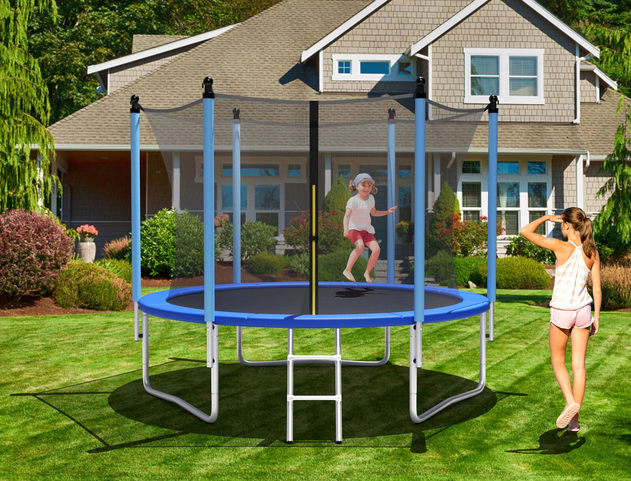 SUGIFT Blue 6 FT Safety Enclosure Net and Ladder 15 FT Outdoor Kids Trampoline