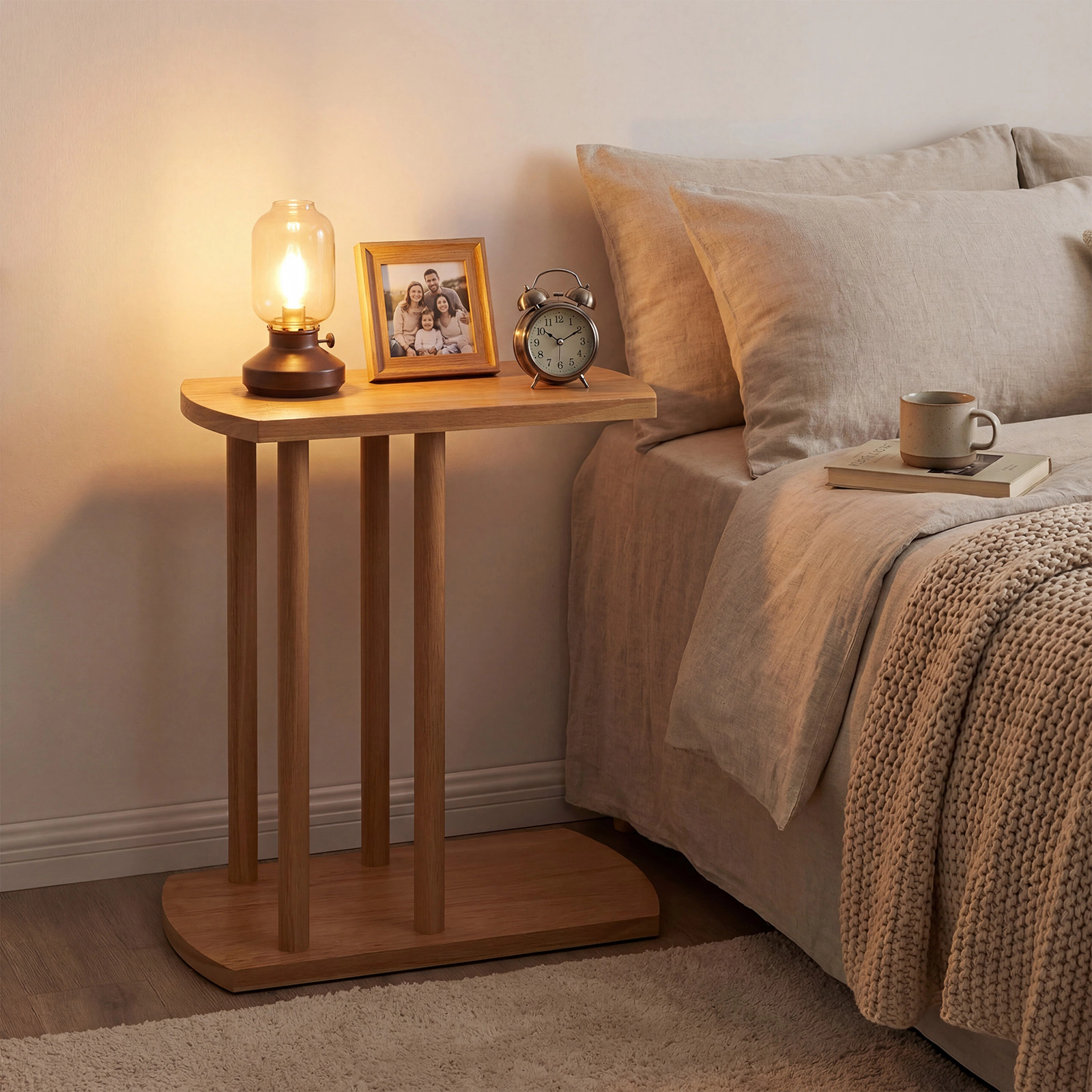 SUGIFT Narrow C Shaped Teak Wood 2 Tier Open Shelf Storage Side Table In Natural