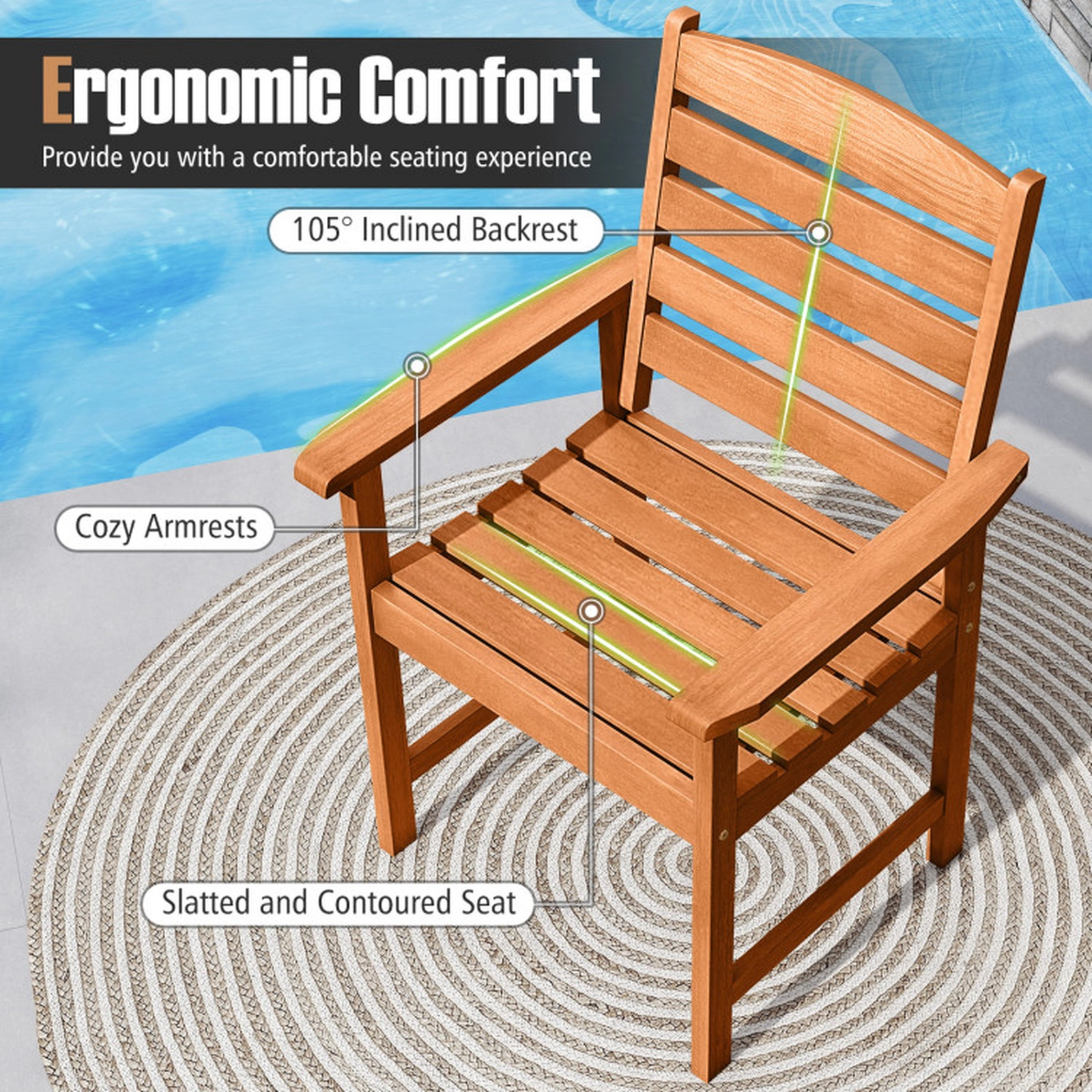 SUGIFT Set of 2 330-lb Capacity Natural Solid Wood Outdoor Dining Chairs with 105-Degree Inclined Backrest