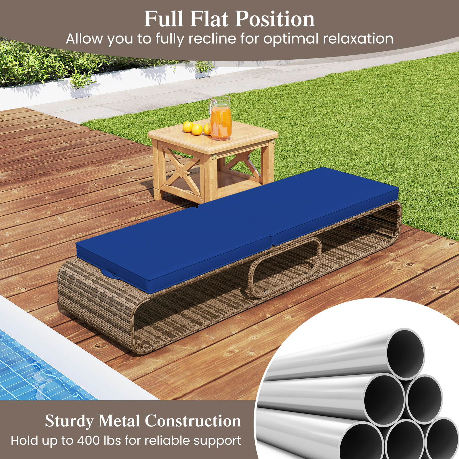 SUGIFT 7-Position Adjustable Outdoor PE Rattan Chaise Lounge Chair 400-lb Capacity Mix Brown with Off White/Navy Cushion