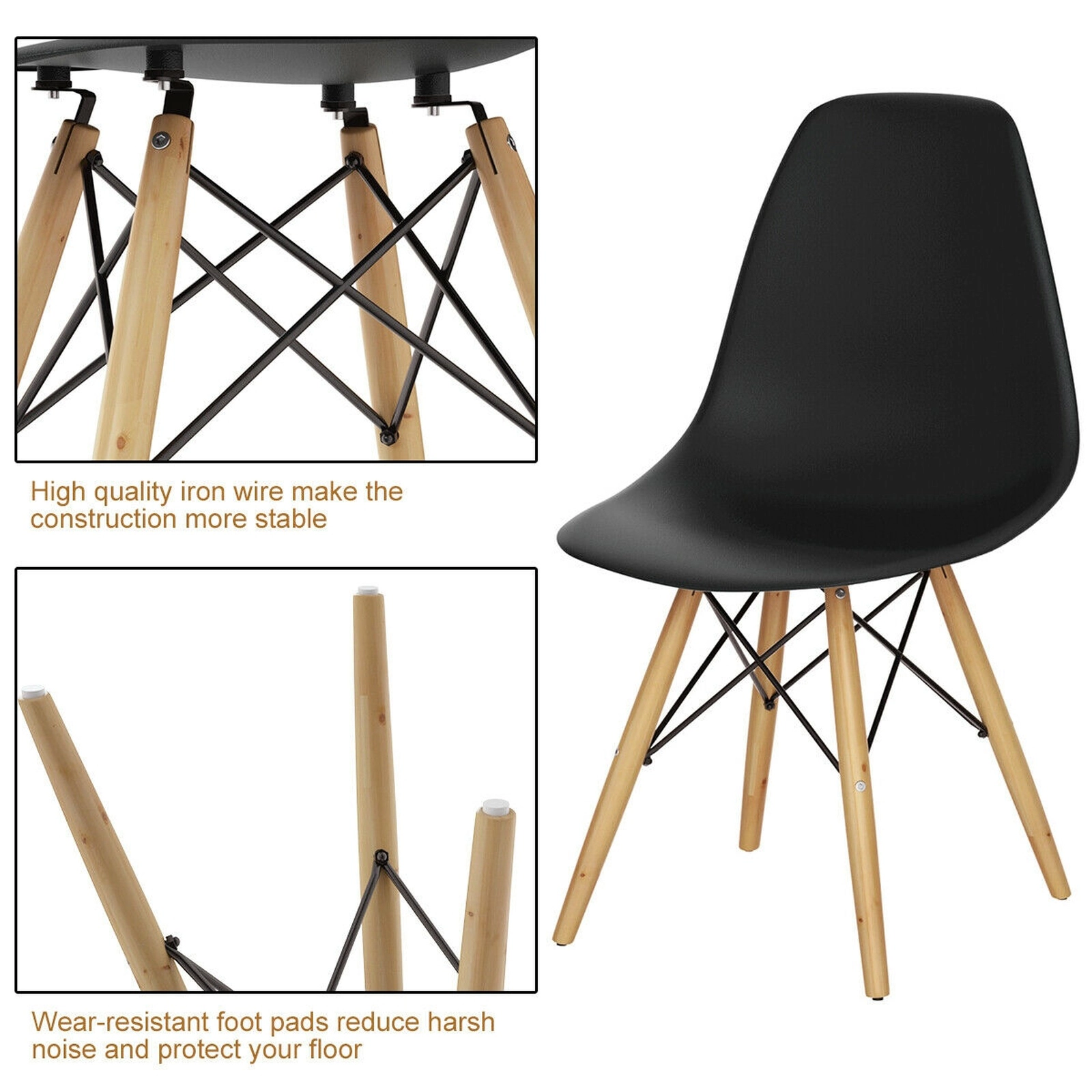 SUGIFT Set of 2 Black Mid-Century Modern Molded Shell Dining Chairs with Solid Beech Wood Legs for Kitchen