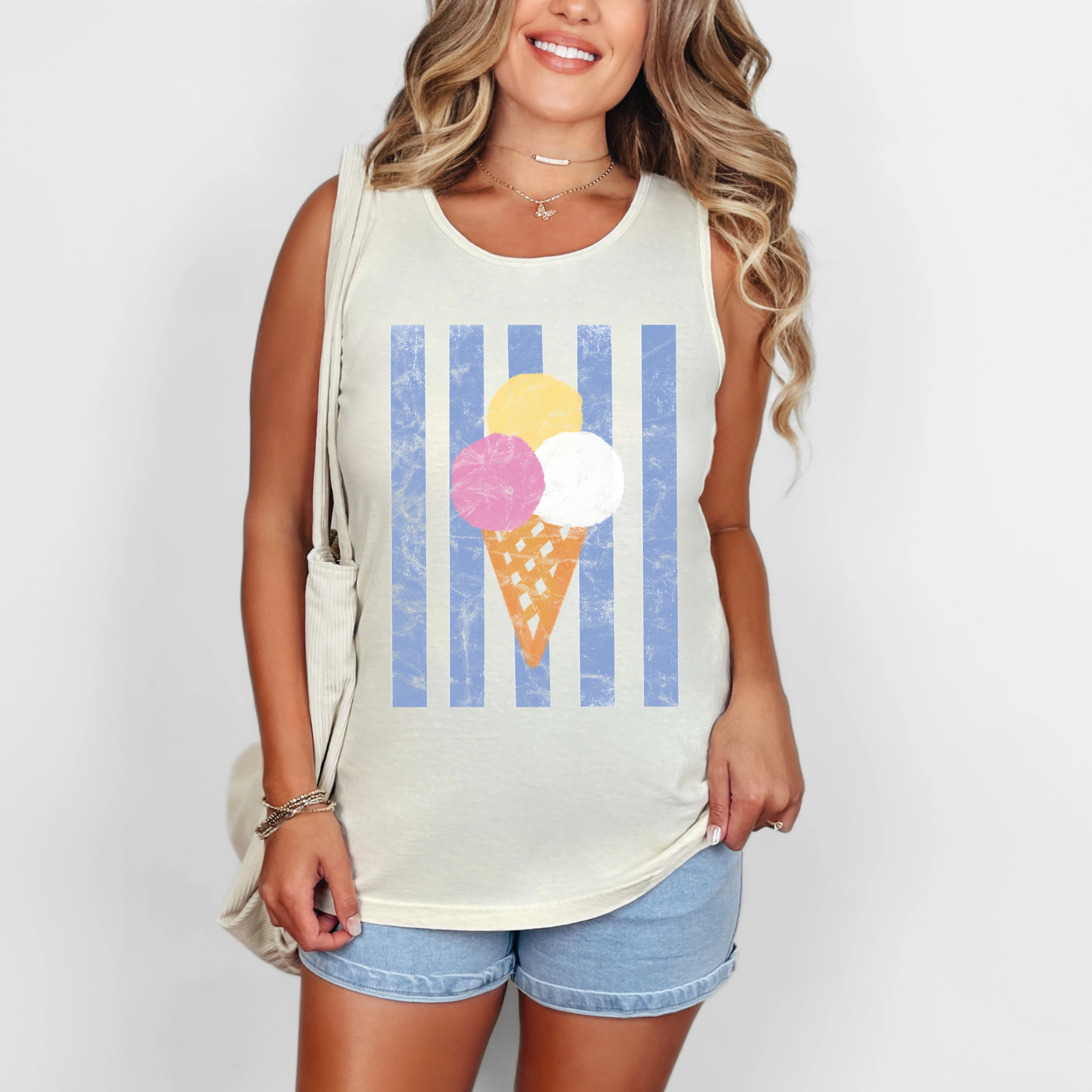 Simply Sage Market - Women's Garment Dyed Graphic Tank Top - Ice Cream Cone Stripes