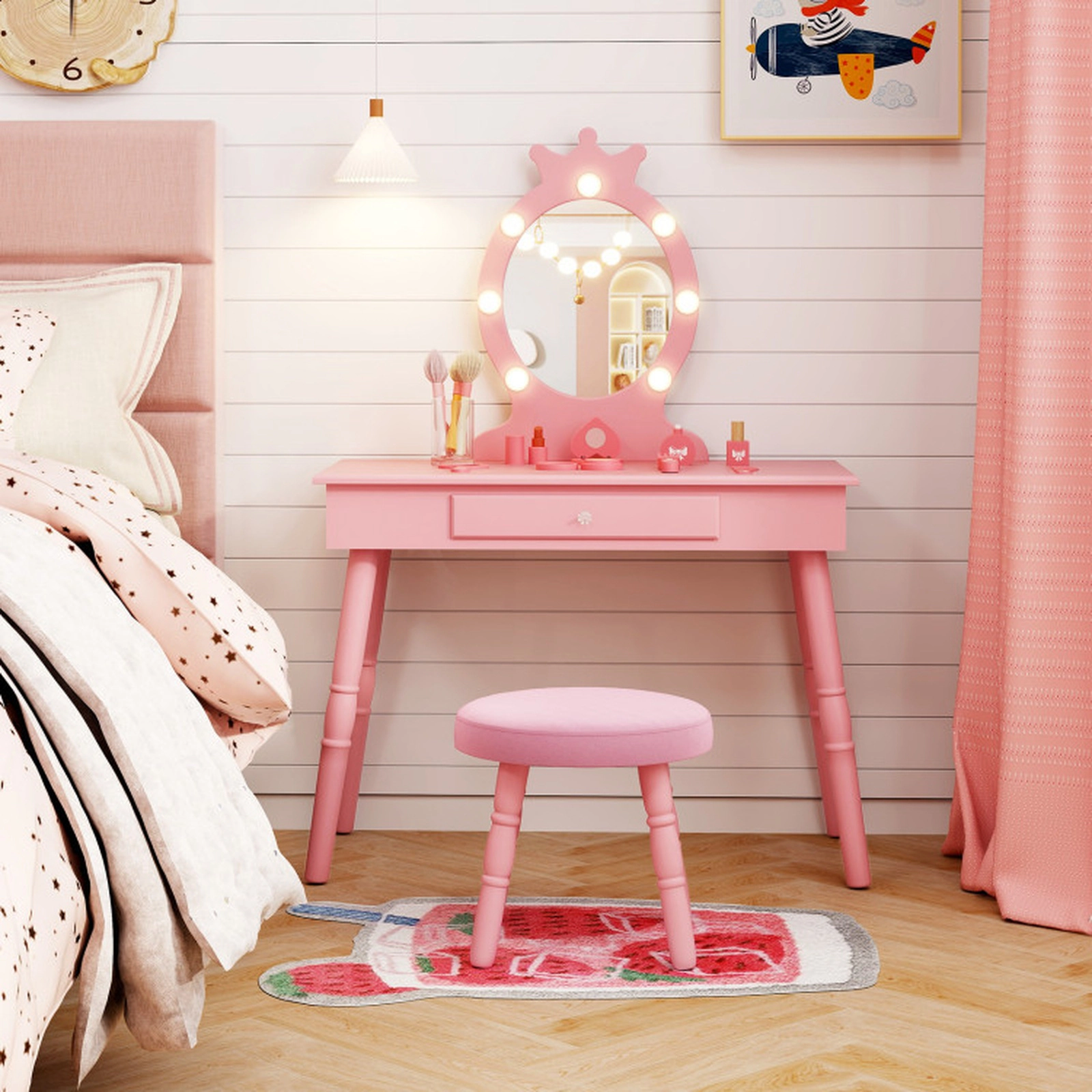 SUGIFT Pink Lighted Mirror Adjustable Brightness Large Drawer and Padded Stool Kids Vanity Set