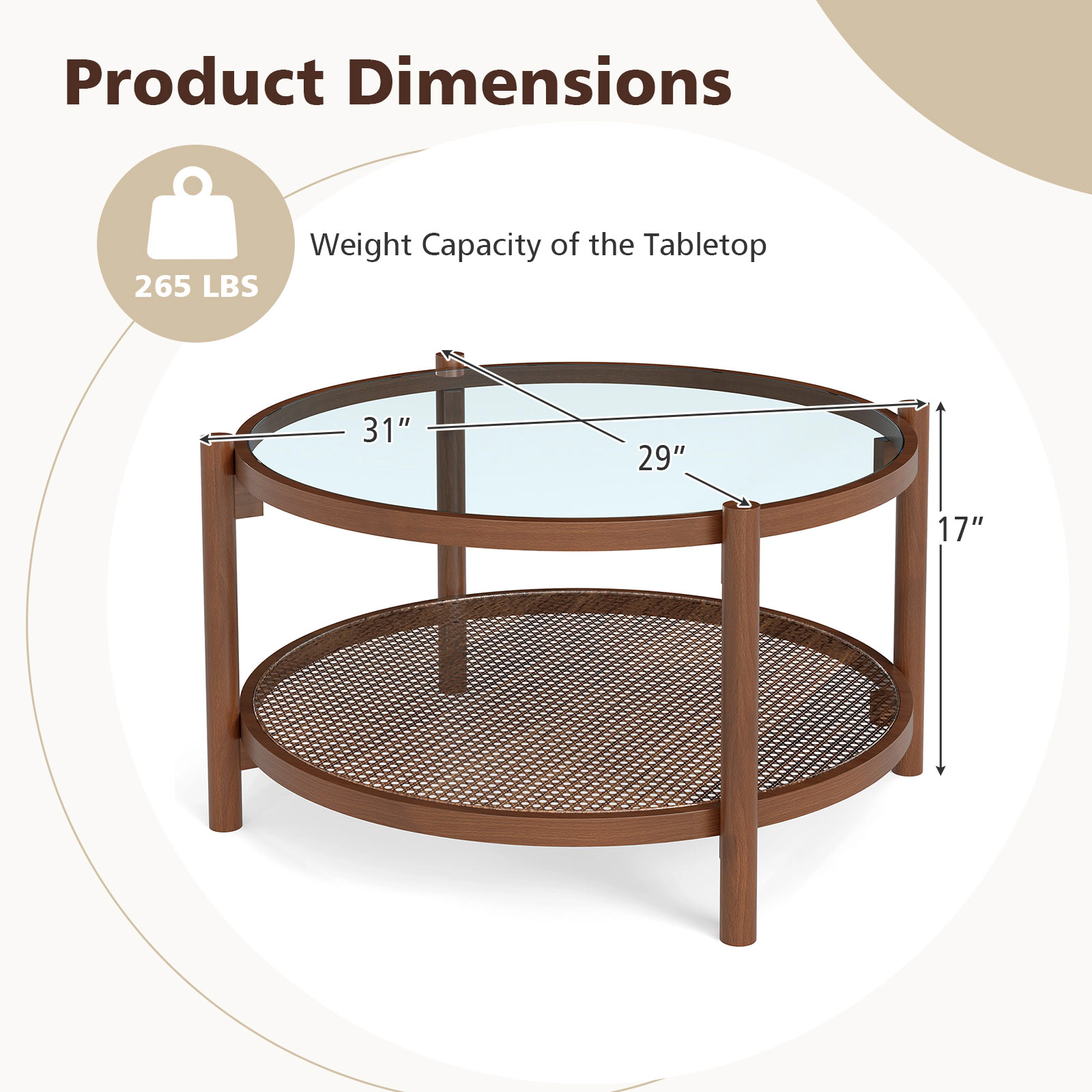 Glintex 31-Inch Round Coffee Table with Glass Top and Hand-Woven Rattan Shelf, Cherry+Transparent