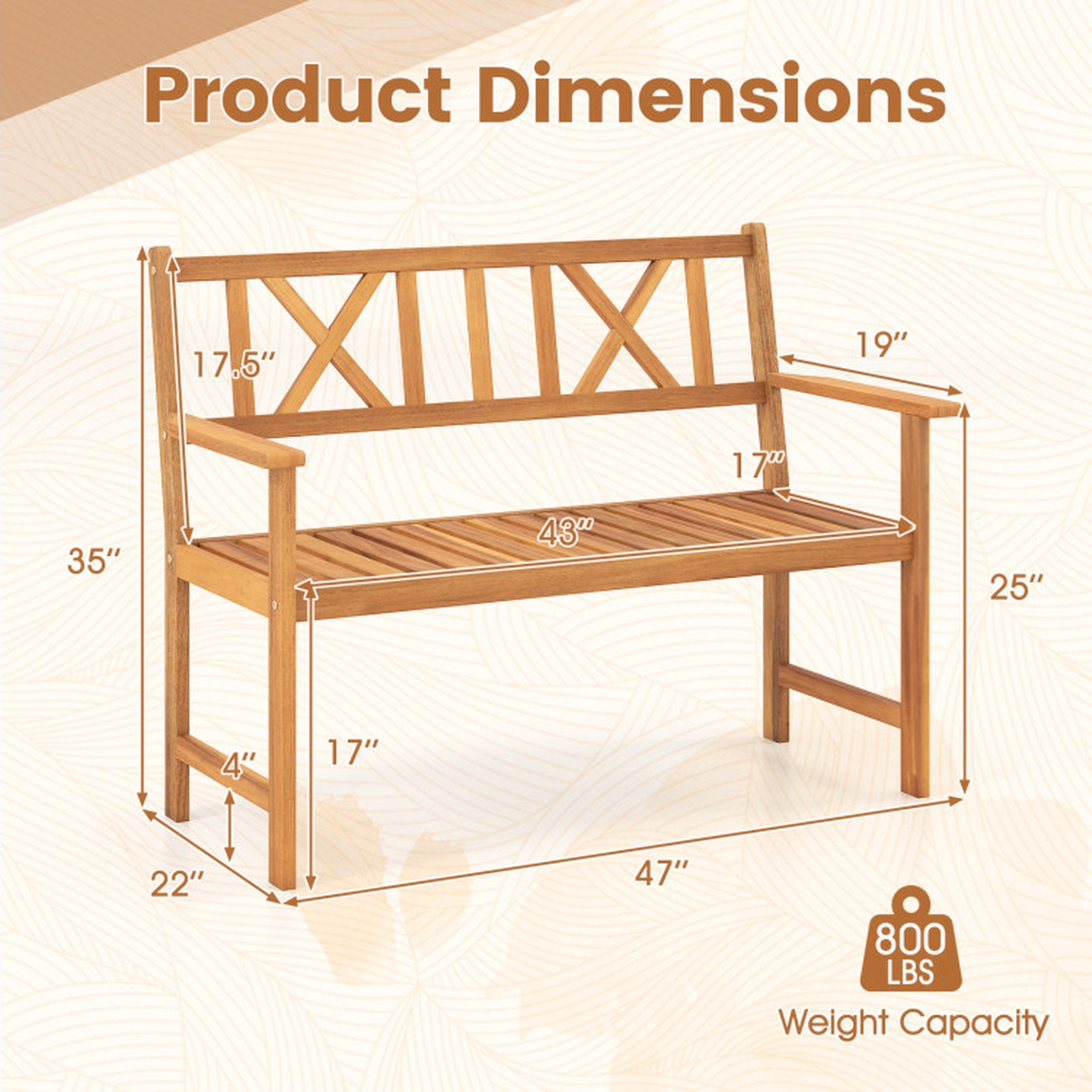 SUGIFT 2-Person Acacia Wood Patio Garden Bench with Armrests and X-Shaped Backrest 800-lb Capacity Natural
