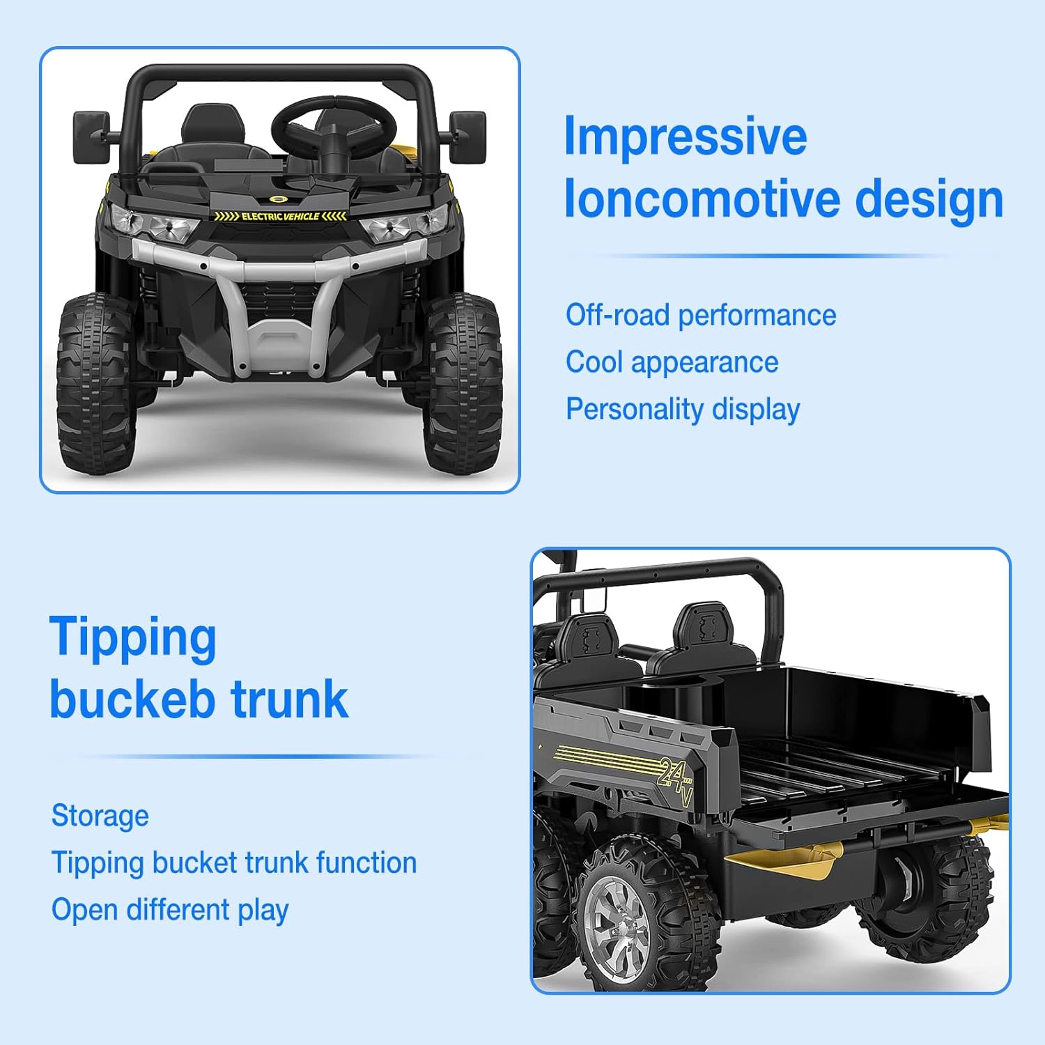 24V 4WD 6-Wheel 2-Seater Kids Ride-On Dump Truck, Remote Control, 4×75W Motors, LED Lights, Music, Functional Bed