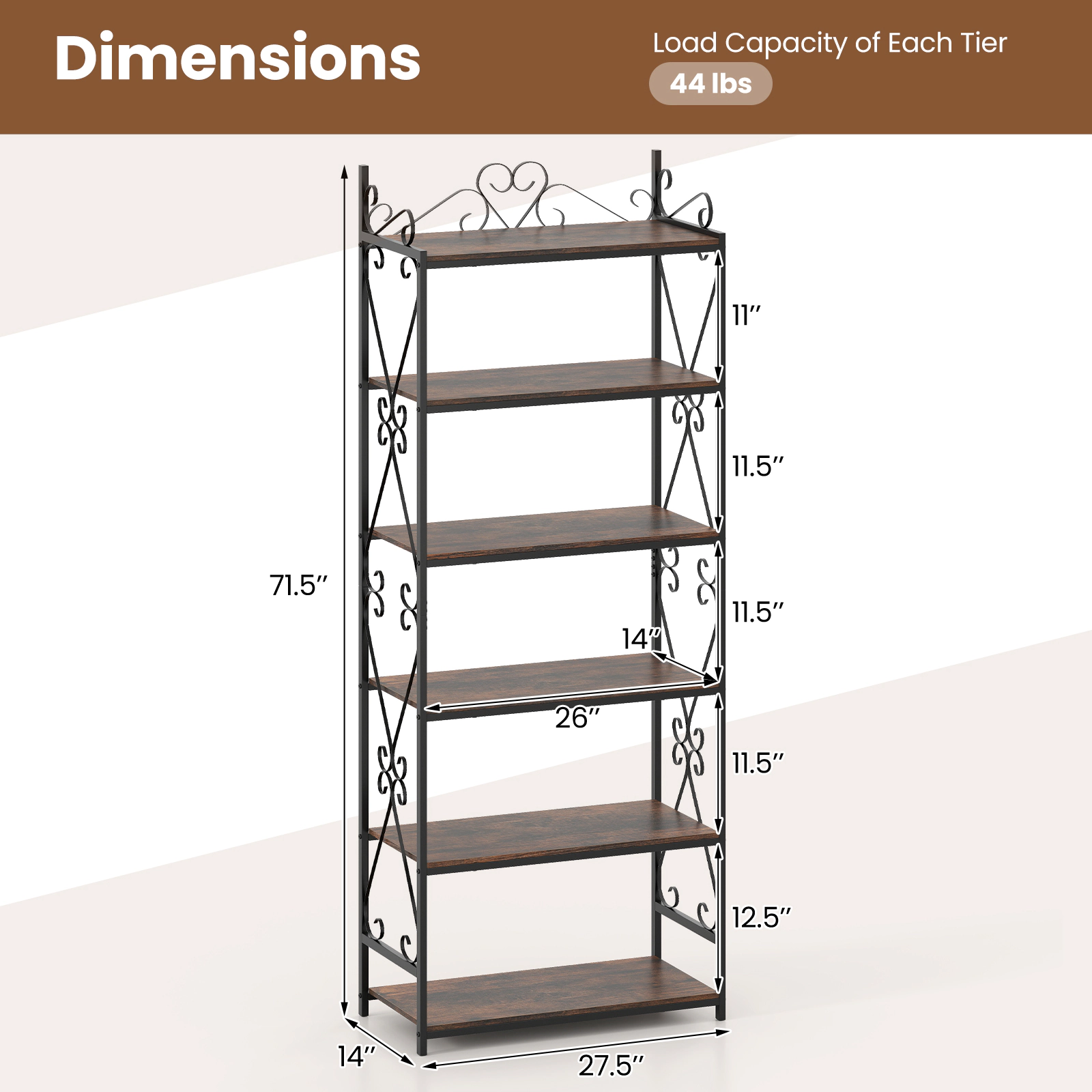 SUGIFT 6-Tier 71.5-in Tall Industrial Bookshelf with Scrollwork Metal Frame and 44-lb Shelves for Study