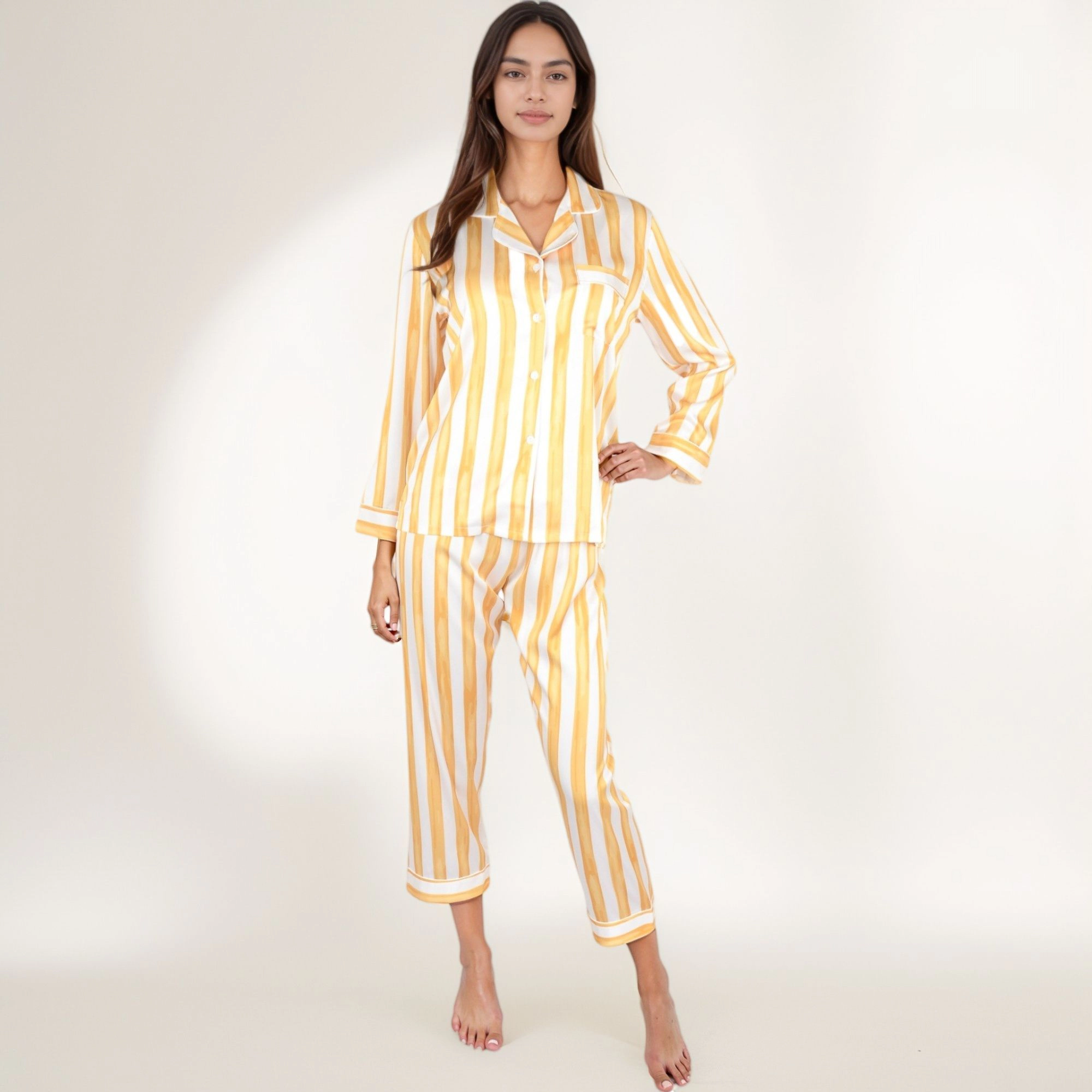 Anna-Kaci Women's Striped Satin Pajama Set with Long Sleeve Button Top and Cropped Pants