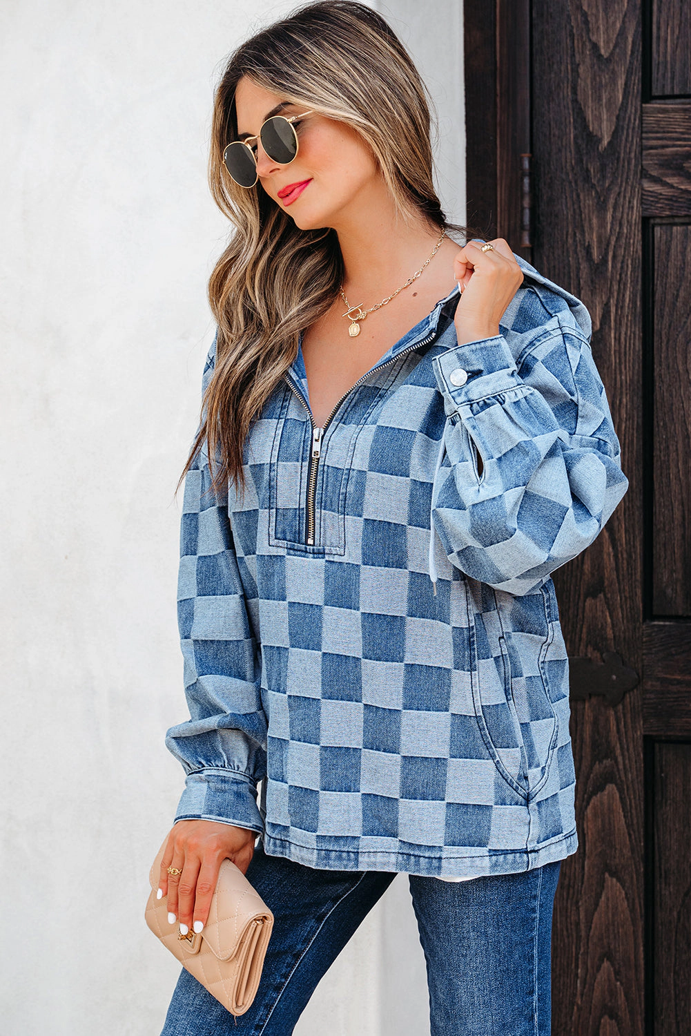 Threaded Pear Women's Taracella Checkerboard Zipped Kangaroo Hoodie