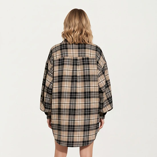 Anna-Kaci Women's Oversized Plaid Long Balloon Sleeves Button Front Collar Detail Shirt Dress