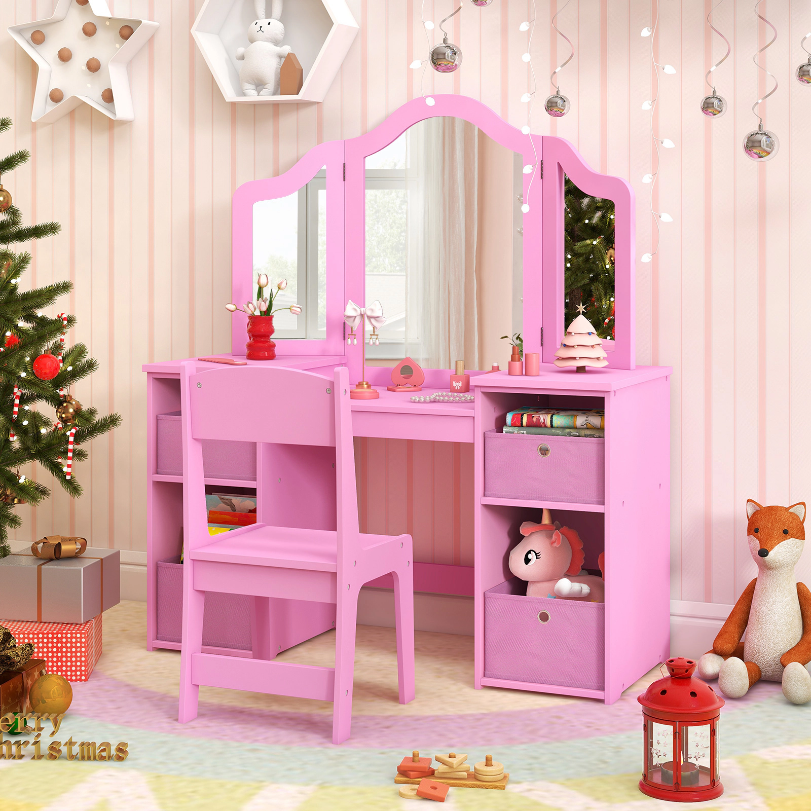 SUGIFT 2-Piece Pink Kids Vanity Table and Chair Set, 3 Removable Mirrors, 4 Fabric Bins