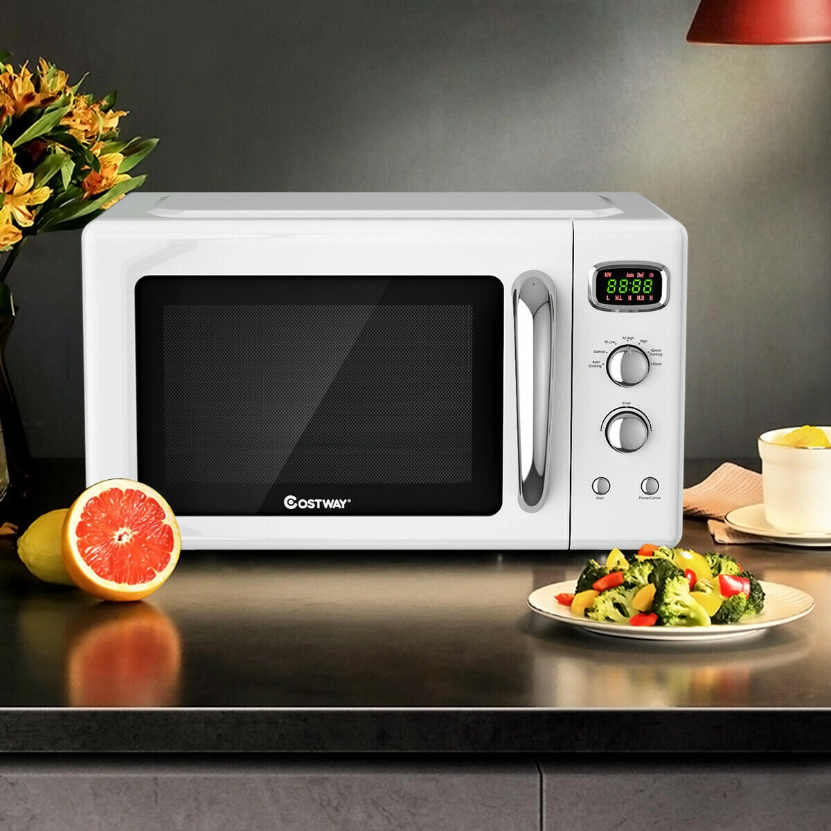 SUGIFT 900W Retro Compact Countertop Microwave Oven 0.9-cu ft Capacity 5 Power Levels 19.5 x 14 x 11-in White