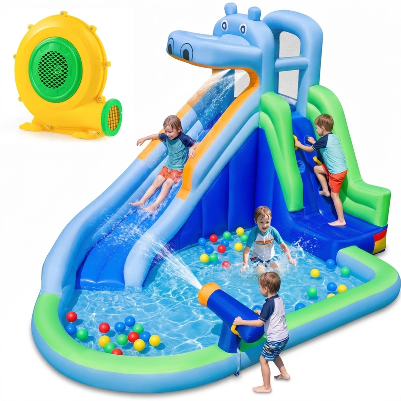 SUGIFT Hippo-Themed Inflatable Water Slide with Climbing Wall and 680W Blower 100-lb Capacity Ages 3-12 Multicolor
