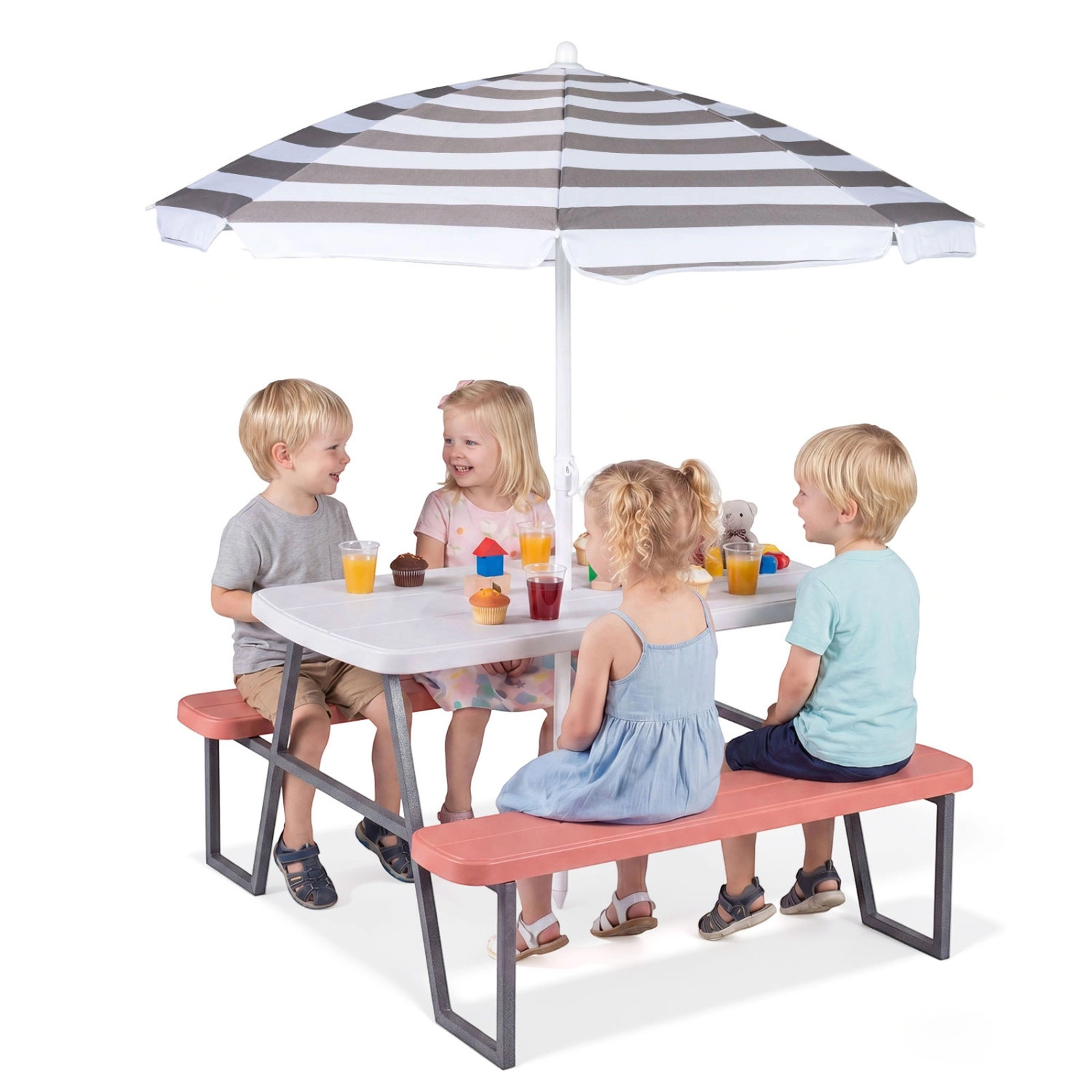 SUGIFT Kids Picnic Table with Benches Pink Seats 4 with Removable Umbrella