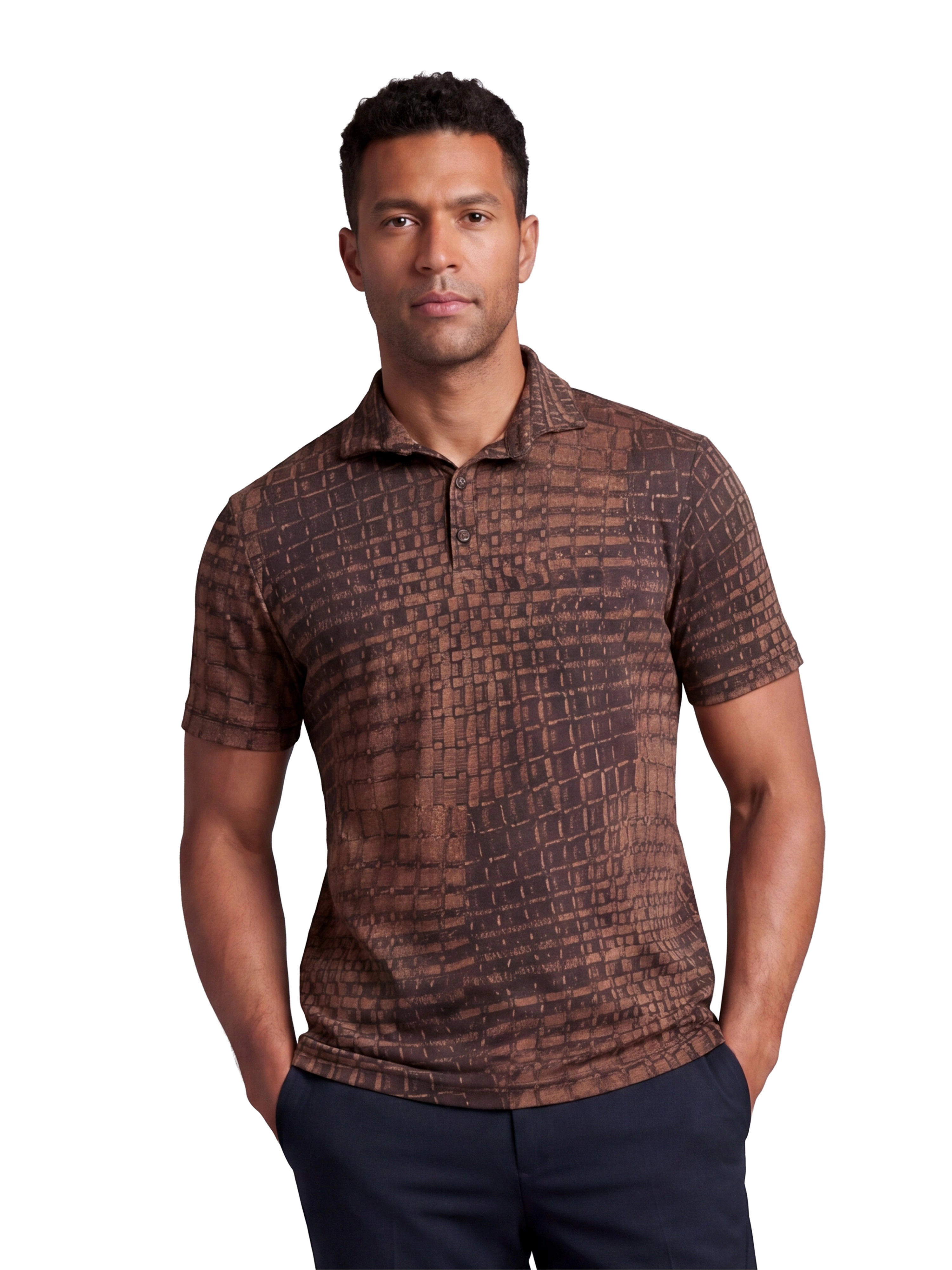 24sevenMen Wrinkle Resistant 3 Button Machine Washable Alligator Print Polo Shirt