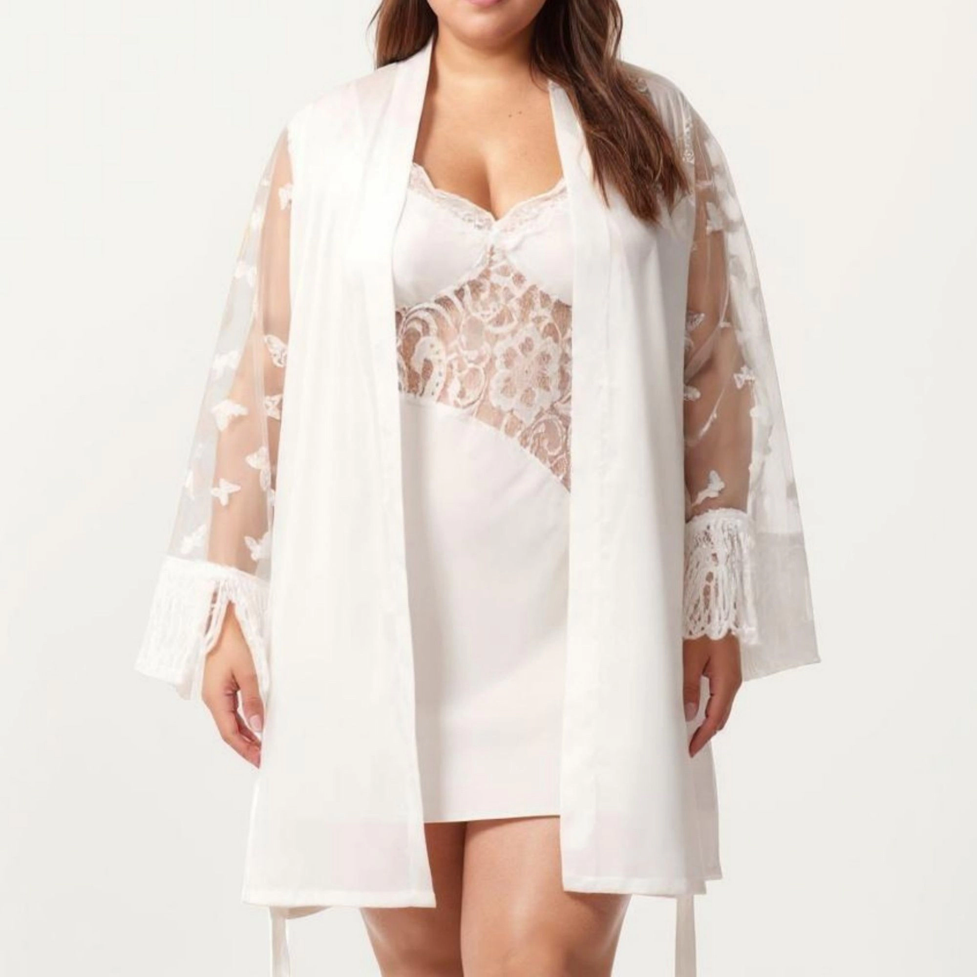 Anna-Kaci Women's Plus Sheer Mesh Lace Trim Robe Lightweight Long Sleeve Sleepwear