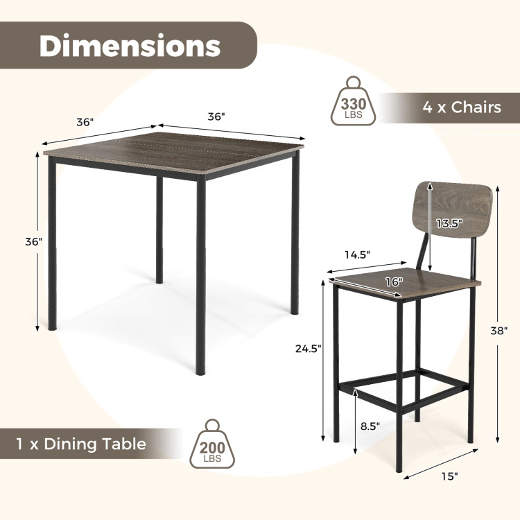 Hivvago 5 Pieces Industrial Dining Table Set With Counter Height And 4 Bar Stools