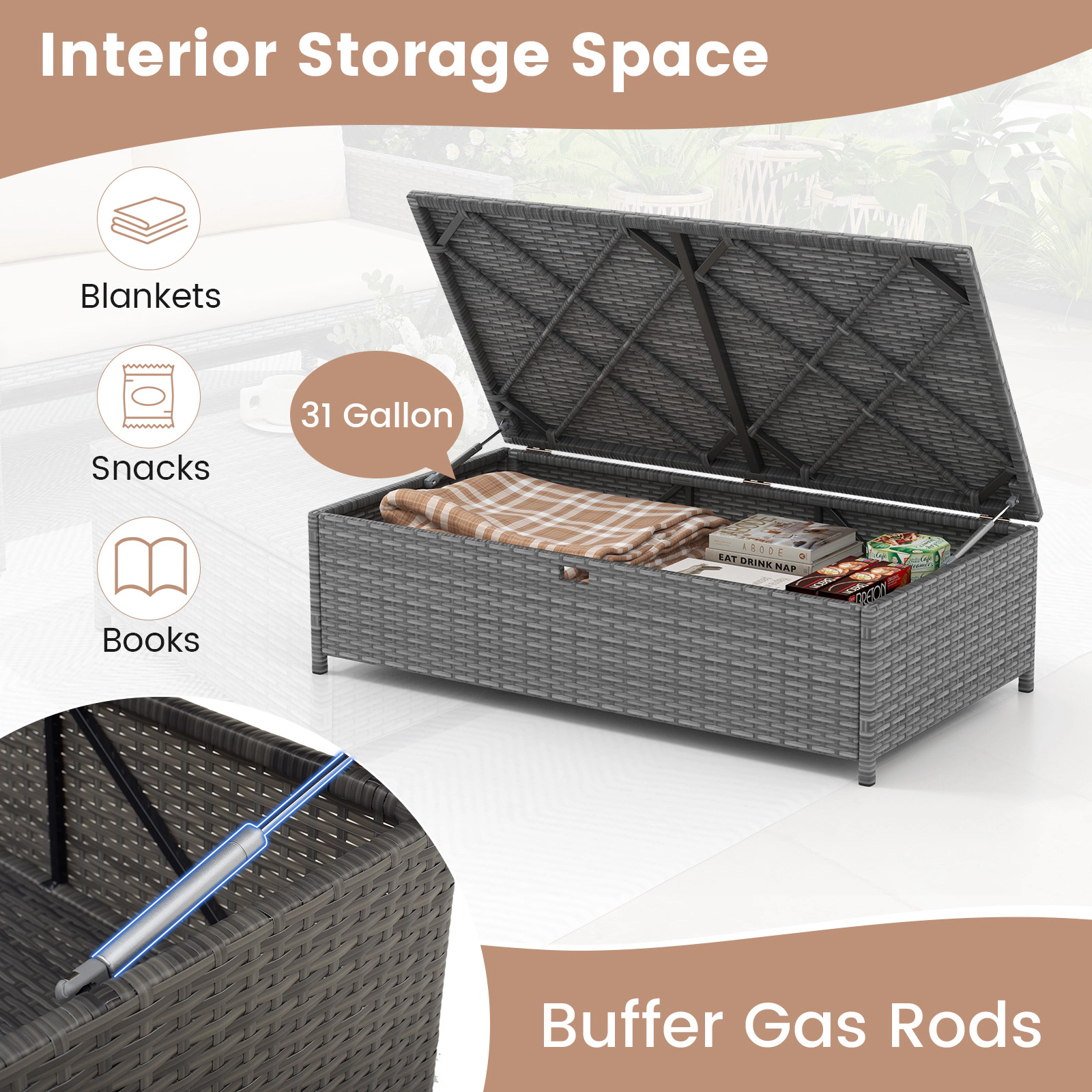 LJG Outdoor Rattan Daybed Wicker Loveseat and 31 Gallon Storage Ottoman
