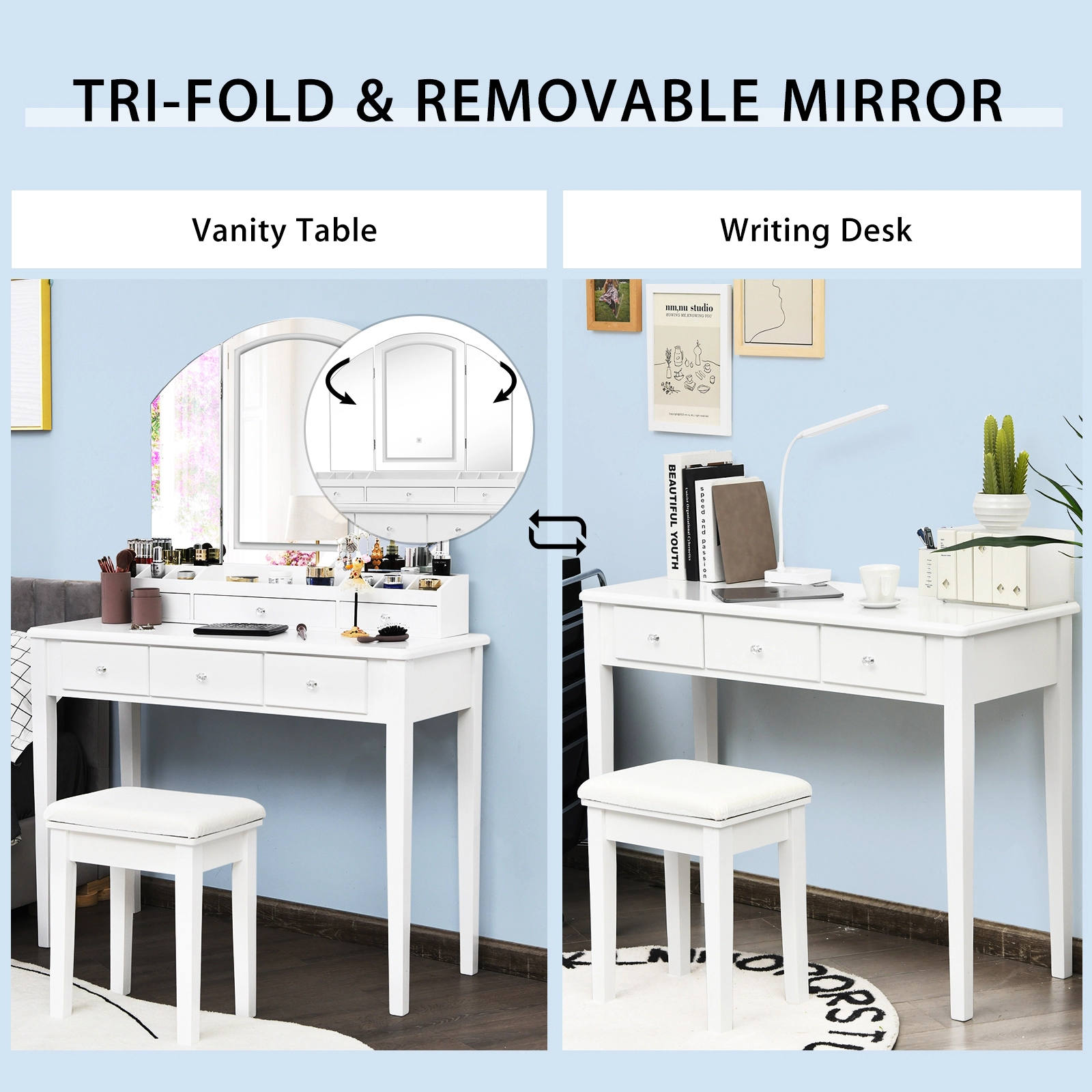 SUGIFT Vanity Table and Stool Set with Lighted Tri-Fold Mirror and 6 Drawers in White