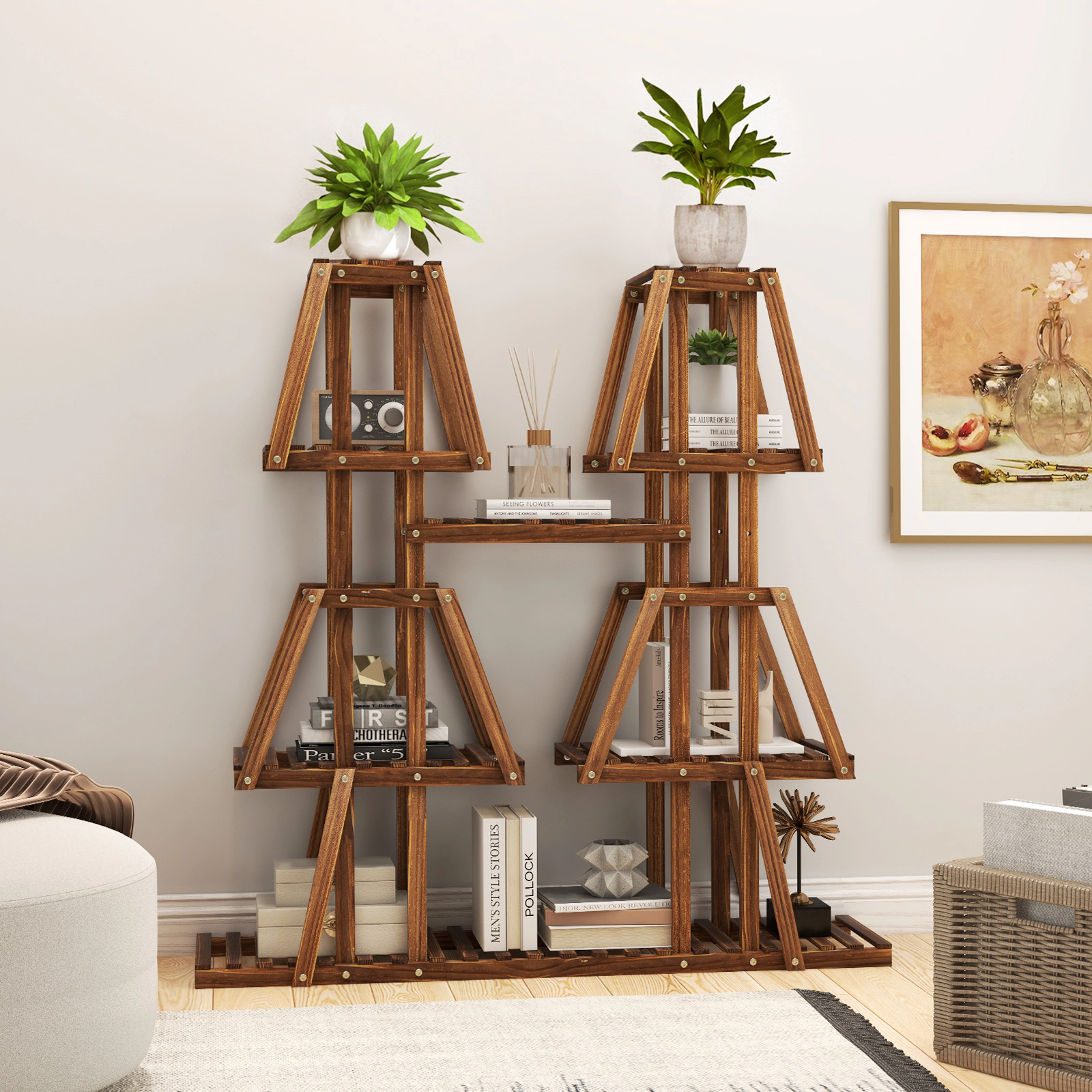 SUGIFT Brown 5-Tier 45-in Wooden Plant Stand with 10 Shelves Tiered Plant Shelf for Indoor and Outdoor