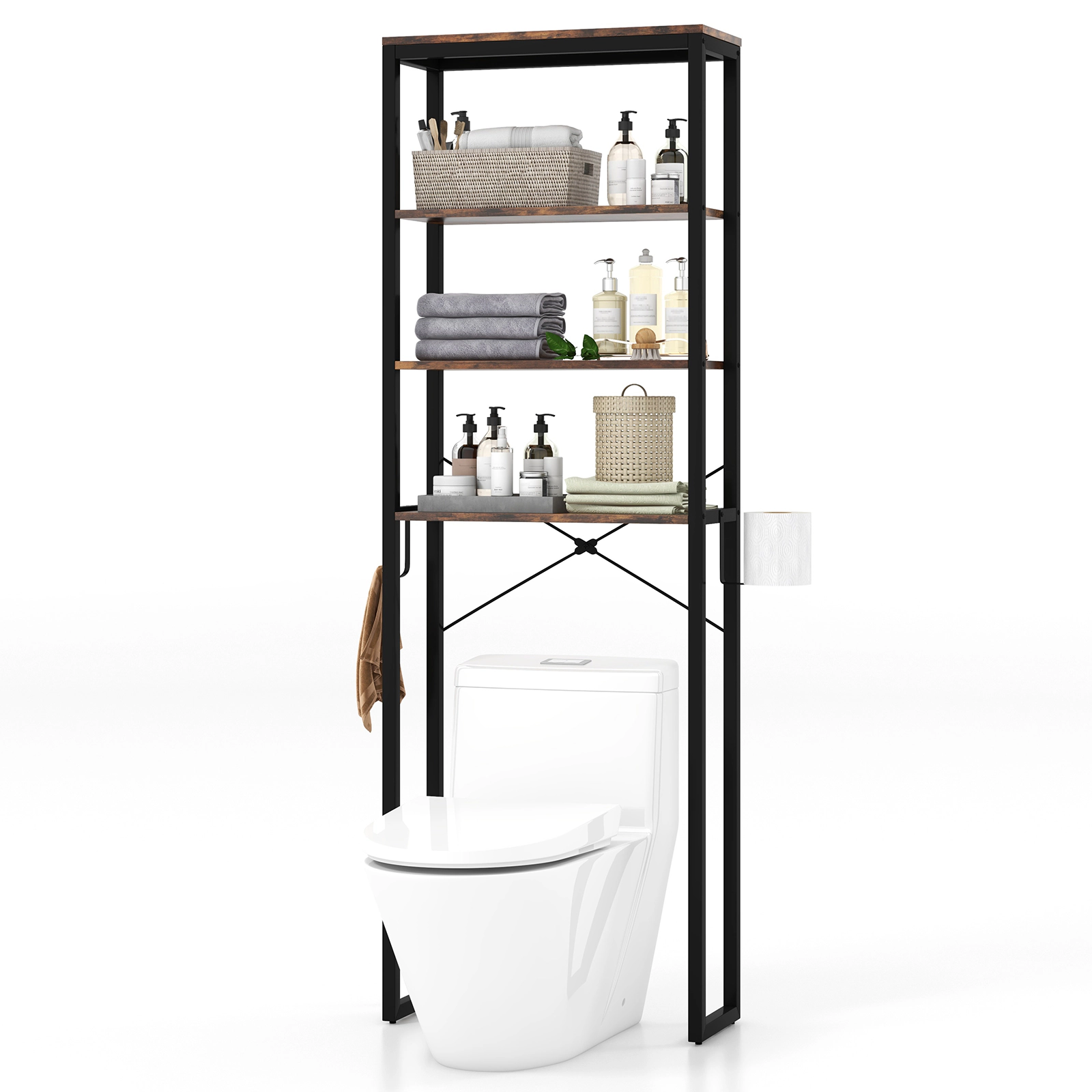 SUGIFT 4-Tier Rustic Brown 70-in Tall Freestanding Over the Toilet Wood Bathroom Storage Rack Shelf