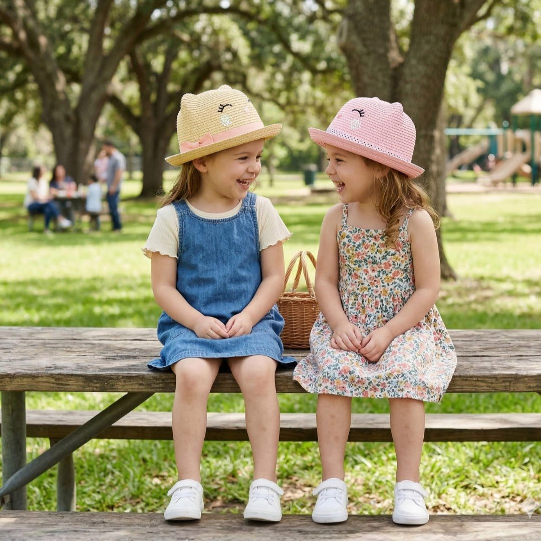 CTM Girl's Smiling Kitty Face Straw Sun Hat