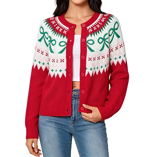 YesFashion Women's Christmas Cardigans Crew Neck Button Down Long Sleeve Party Ugly Holiday Sweaters