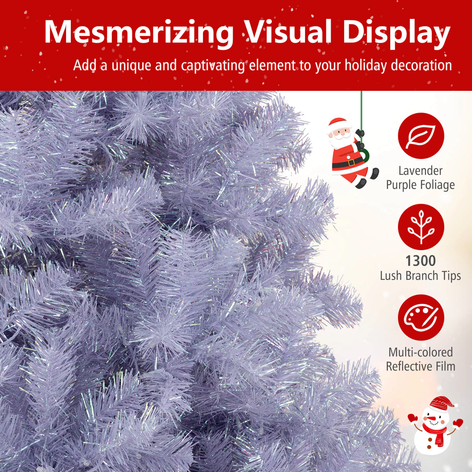 SUGIFT White Pre-Lit Tinsel Artificial Christmas Tree with 1300 Branch Tips 550 Warm White LEDs and 8 Modes