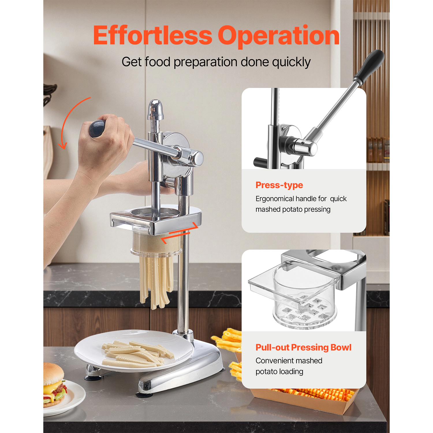 HONGGE Manual Mashed Potato Extruder & Long French Fry Maker, Stainless Steel Press with Pull-Out Bowl