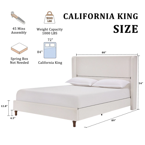 Flynama California King Bed, 54" Tall Chenille Headboard, Cream White, No Box Spring Needed