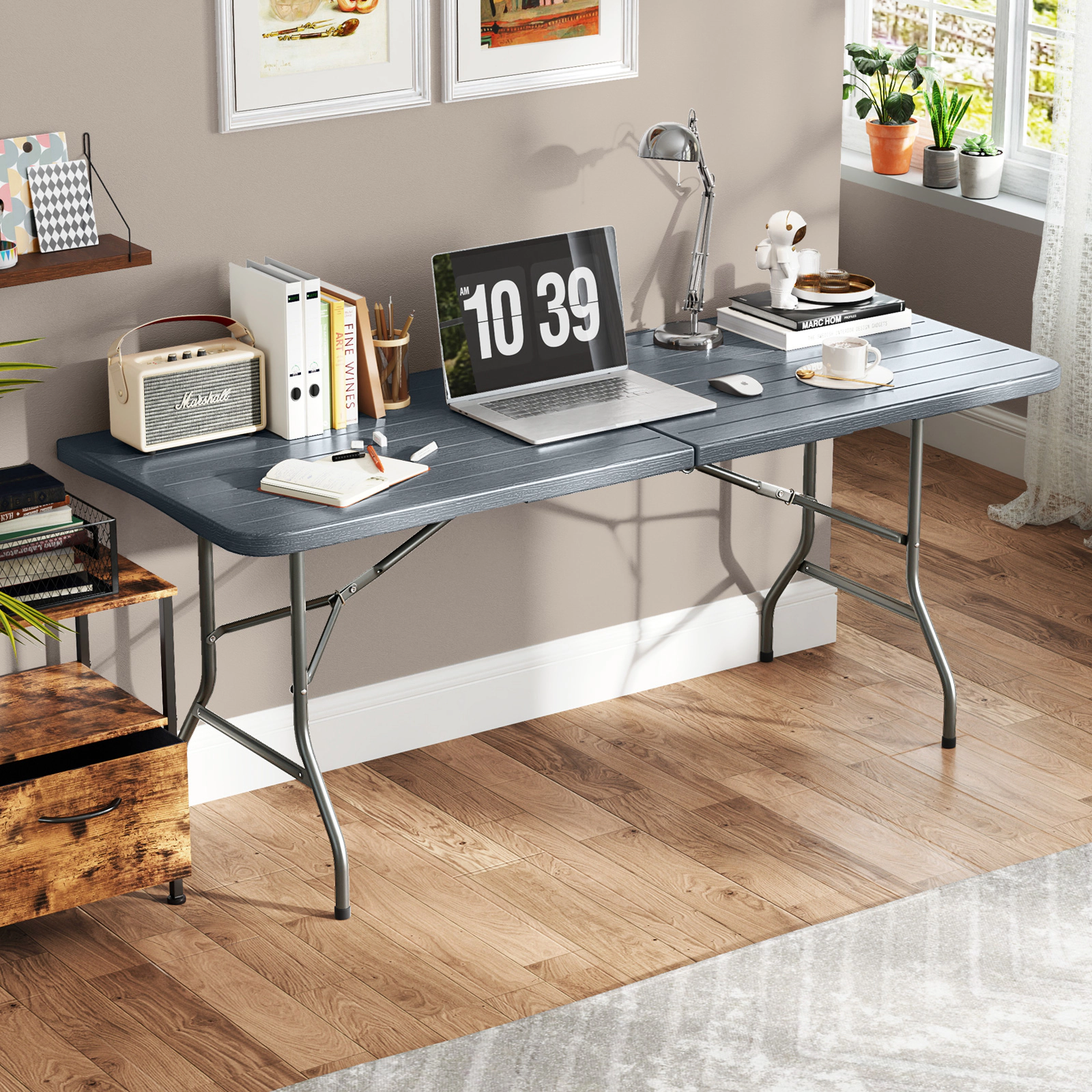 SUGIFT 6-Ft Wood Grain HDPE Folding Table with Safe Lock Mechanism 350-lb Capacity 71 x 29 x 29.5 in Brown/Gray