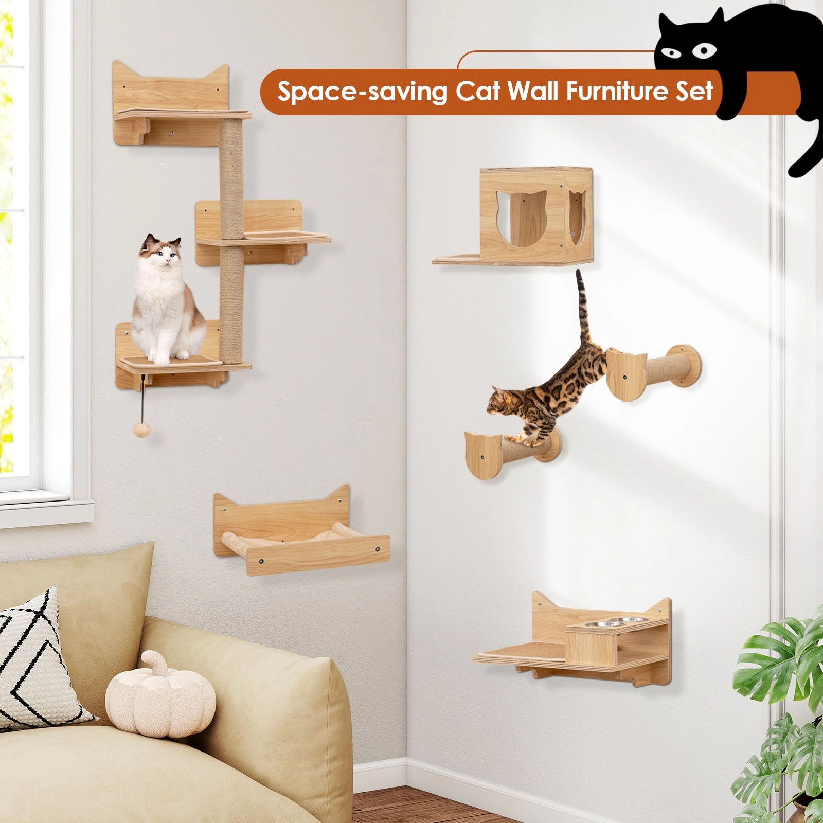 SlickBlue 6-Piece Wall Mounted Cat Furniture Set with Condo