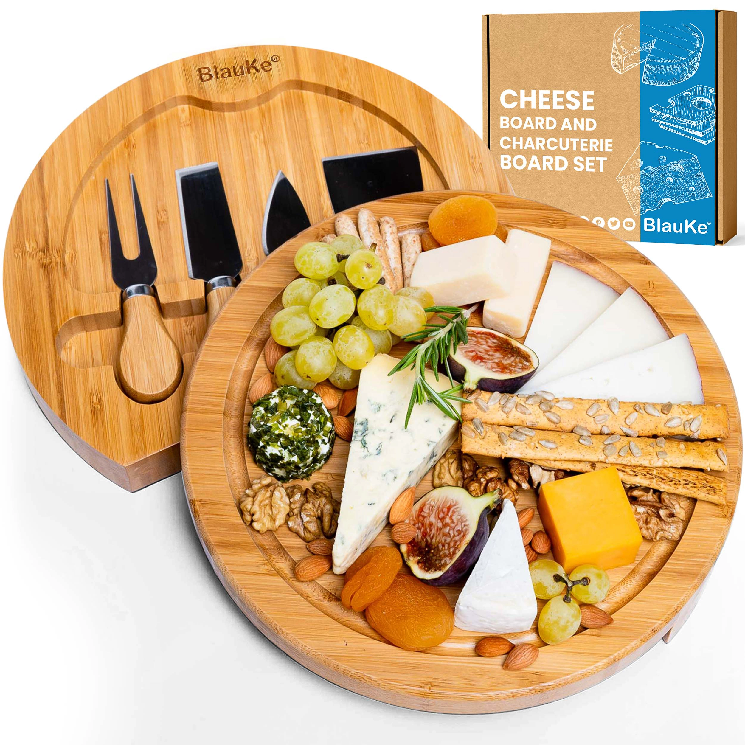 Bamboo Cheese Board and Knife Set - 10-Inch Charcuterie Board with Slide-Out Drawer and Cheese Knives - Perfect Gift