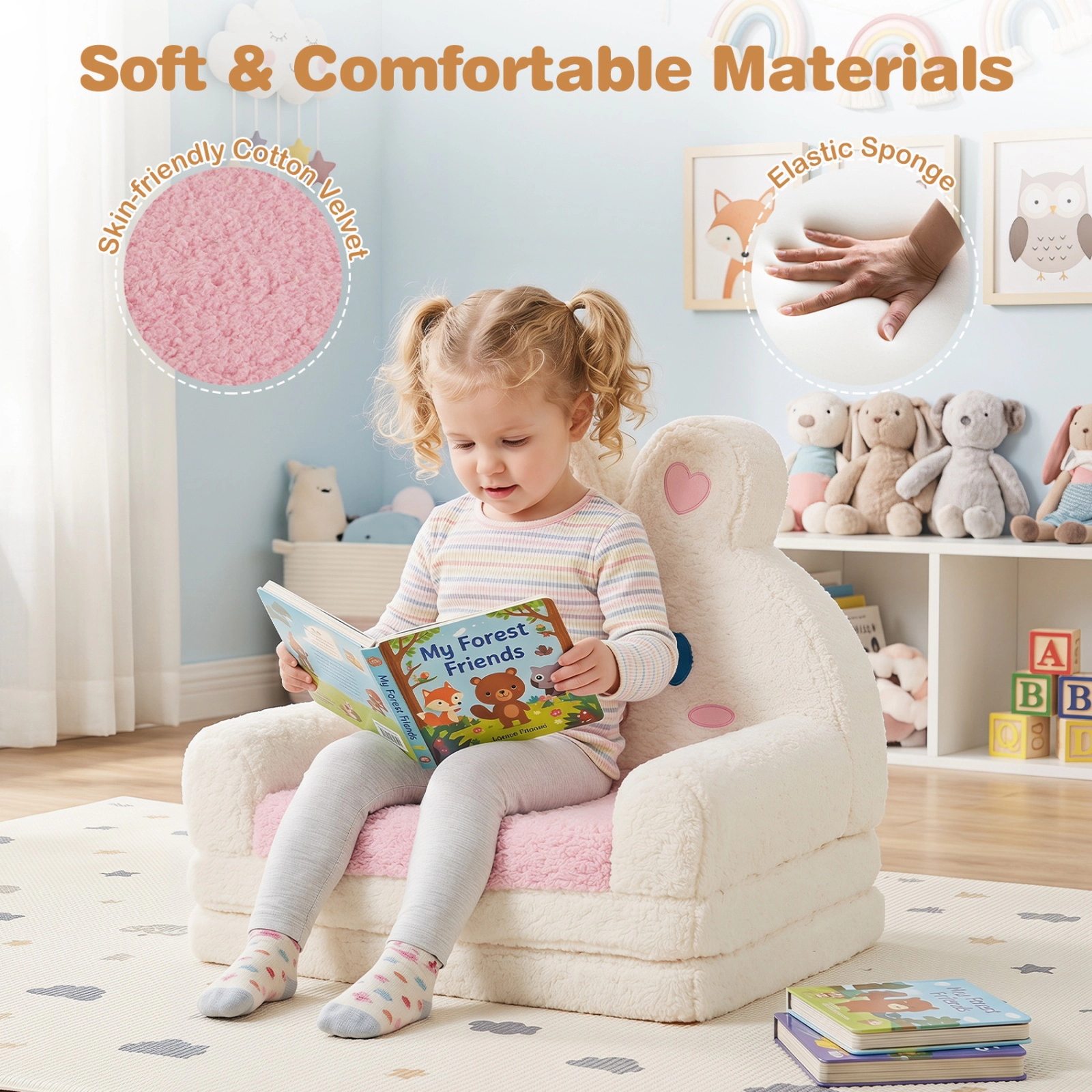 SUGIFT Pink Bunny Design Cotton Velvet 2-in-1 Convertible Kids Sofa to Lounger