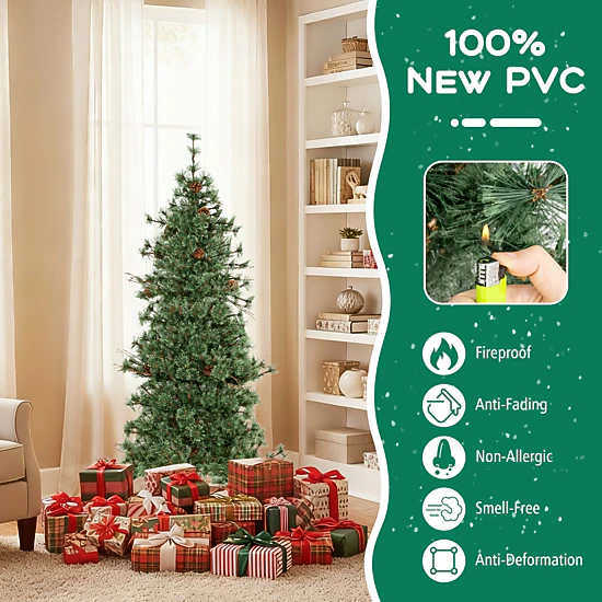 SUGIFT 6-ft Green Pre-Lit Artificial Christmas Tree with 22 Pine Cones 370 Tips and 200 Warm White LEDs