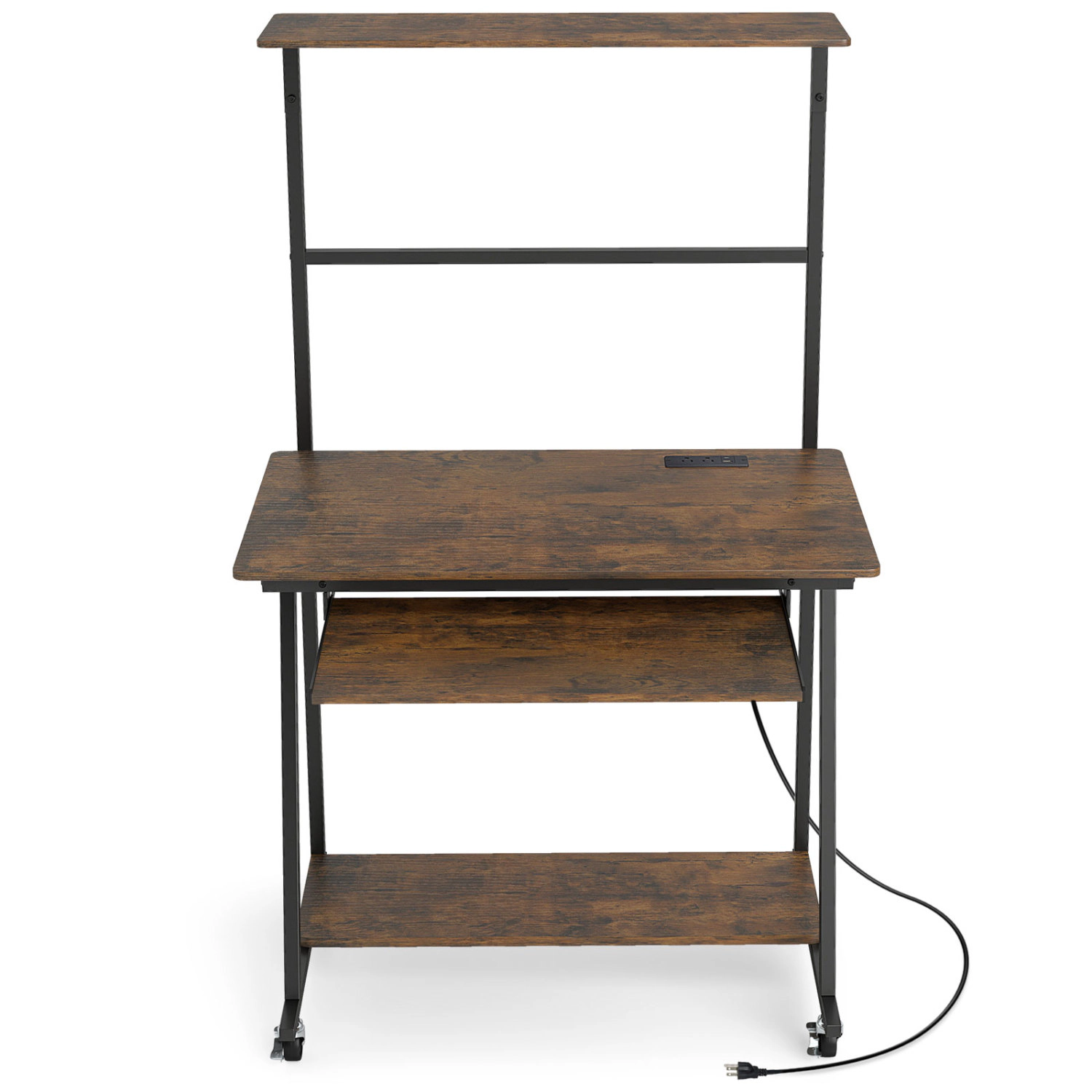 LJG Small Computer Desk with Charging Station and LED Lights and Wheels